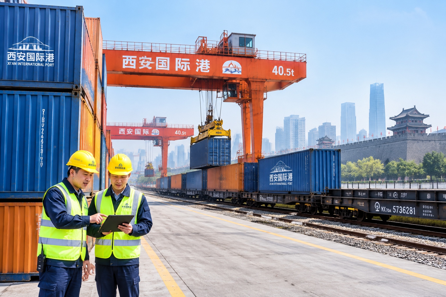 The Silk Road Rediscovered: A Business Traveler's Journey Through Western China 22 Xi'an logistics workers check containers at the International Port, with ancient city wall and modern towers in the background