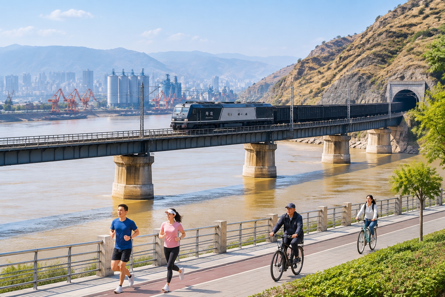 The Silk Road Rediscovered: A Business Traveler's Journey Through Western China 23 Freight train crossing a railway bridge over the Yellow River in Lanzhou, with arid hills and local residents jogging along the riverfront