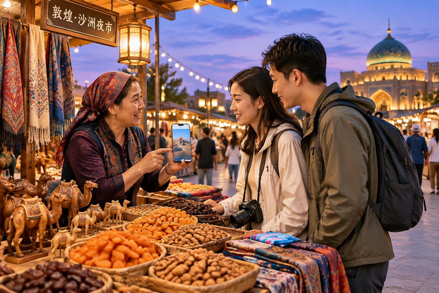 The Silk Road Rediscovered: A Business Traveler's Journey Through Western China 24 Vendor at Dunhuang Shazhou Night Market using a smartphone to show an online order to tourists, dried fruits and crafts displayed around her