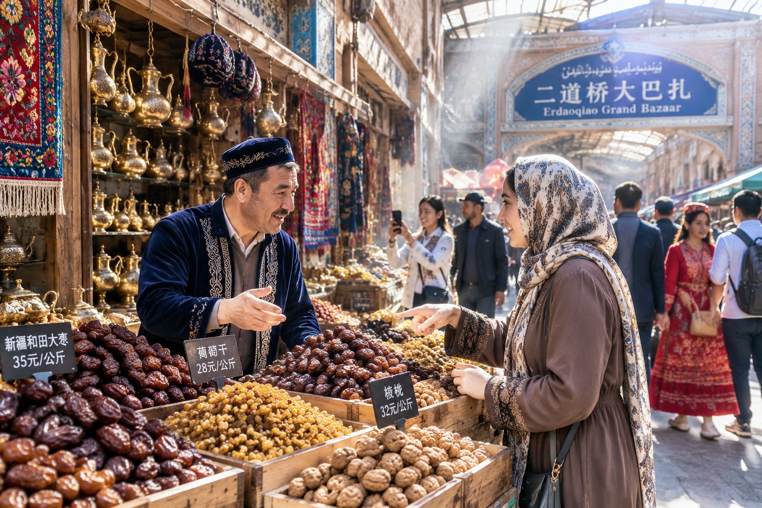 The Silk Road Rediscovered: A Business Traveler's Journey Through Western China 25 Uyghur merchant discussing dried fruit prices with a Central Asian buyer at Urumqi's Grand Bazaar