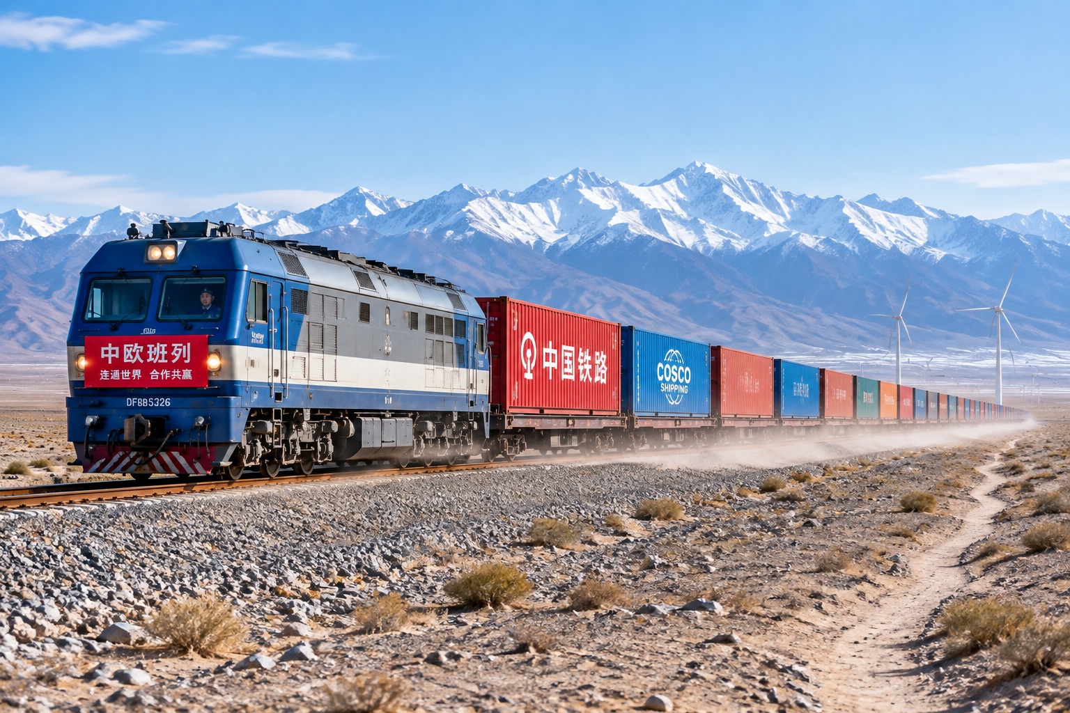 The Silk Road Rediscovered: A Business Traveler's Journey Through Western China 26 China-Europe freight train crossing the Gobi desert with Tianshan mountains and wind turbines on the horizon