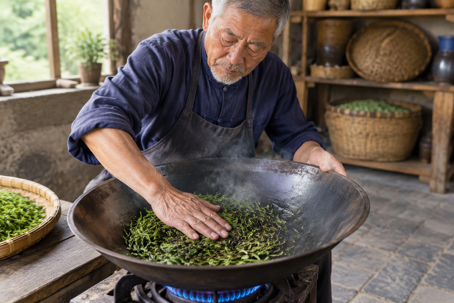 Longjing tea maker Wu pressing tea leaves by hand in a heated iron wok in a Hangzhou workshop