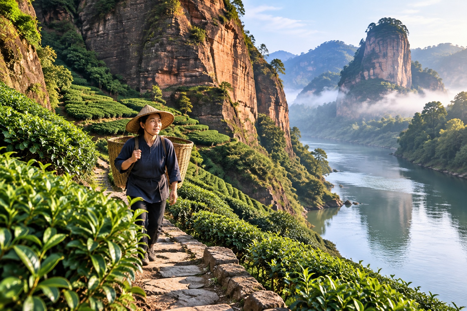 Tea farmer walking among rock tea bushes in the sandstone mountains of Wuyishan, Fujian Province