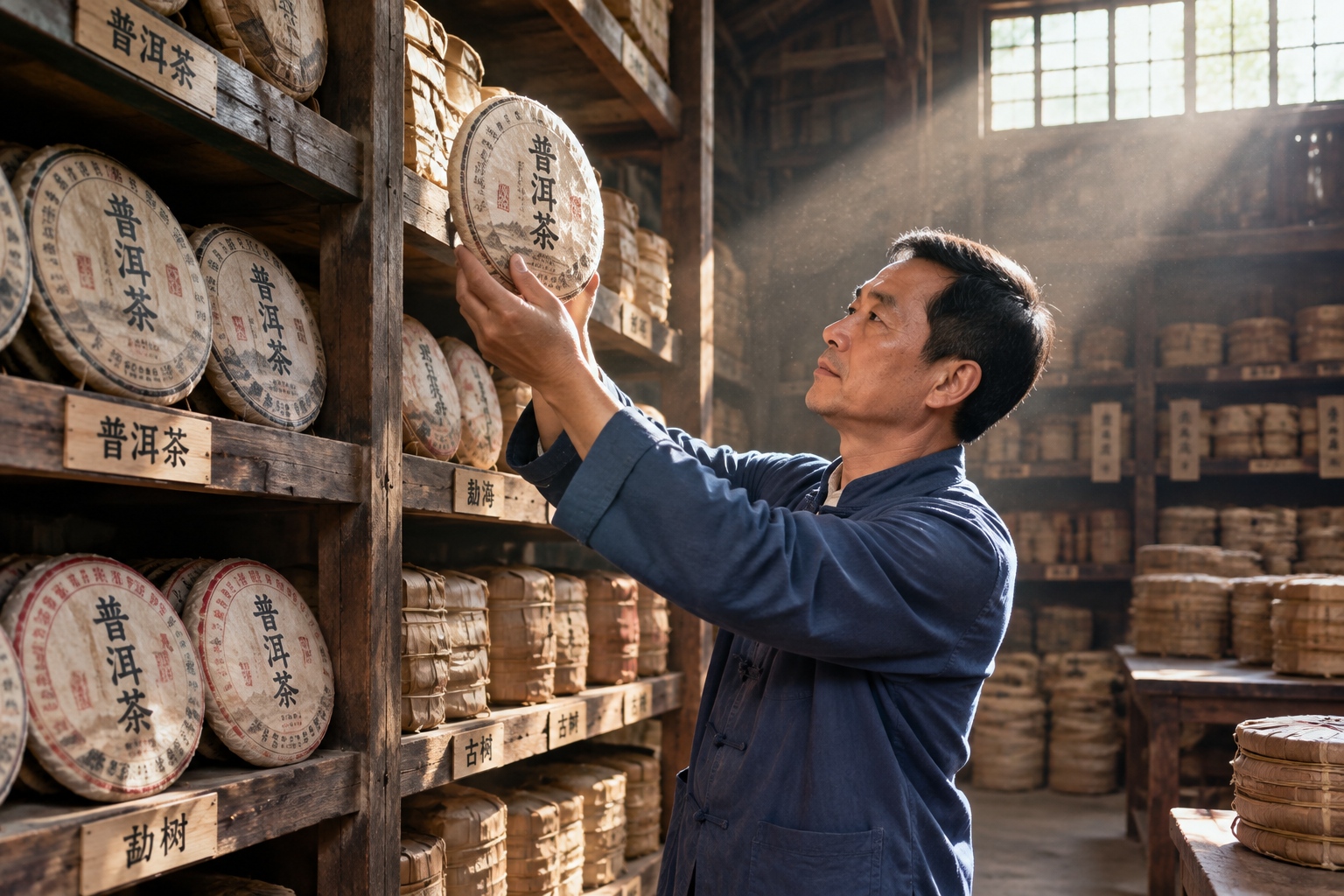 Warehouse manager holding an aged pu'er tea cake beside shelves stacked with vintage tea bales