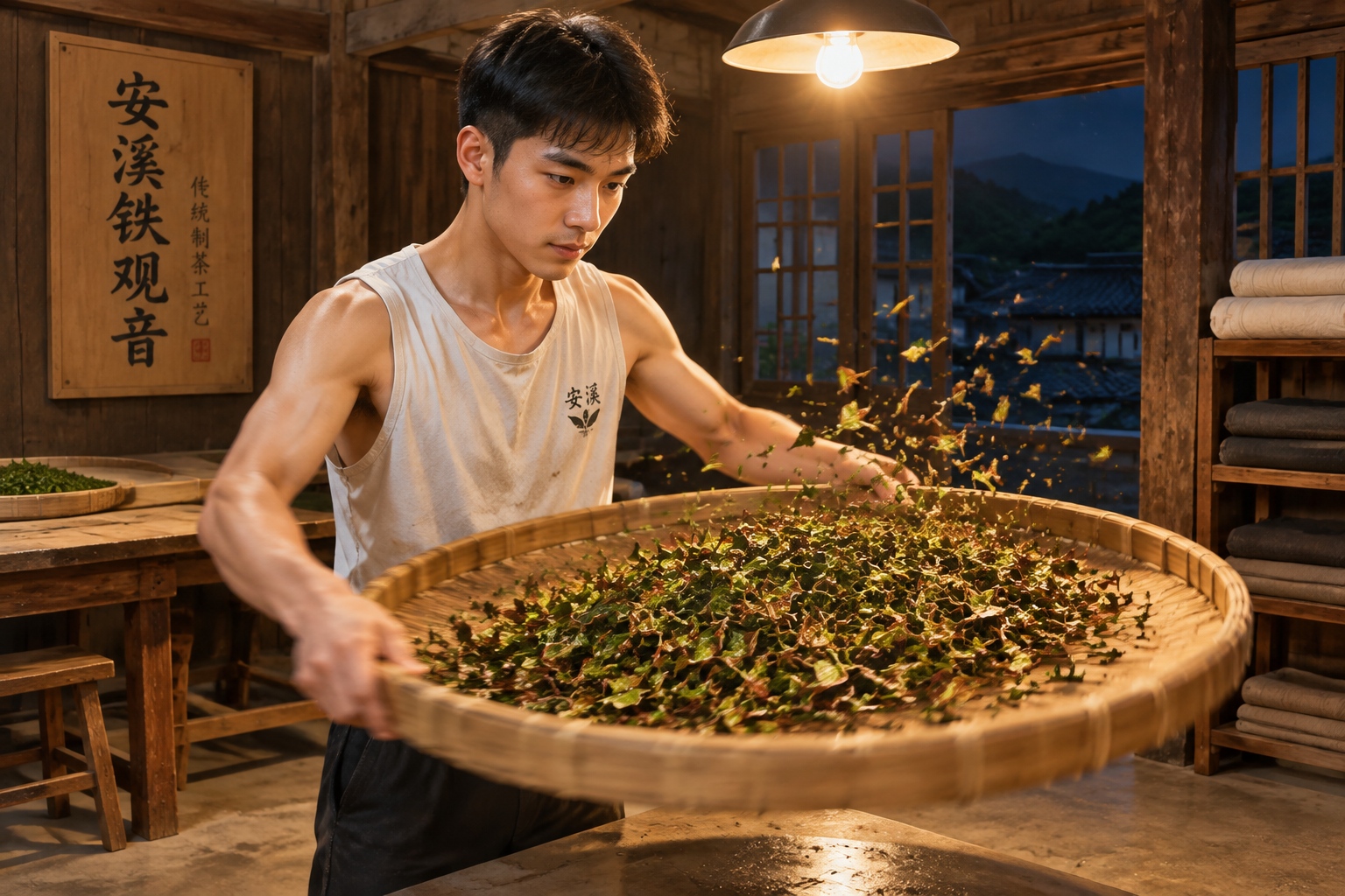Tea maker shaking bamboo basket of Tieguanyin oolong leaves during the yaoging process in Anxi