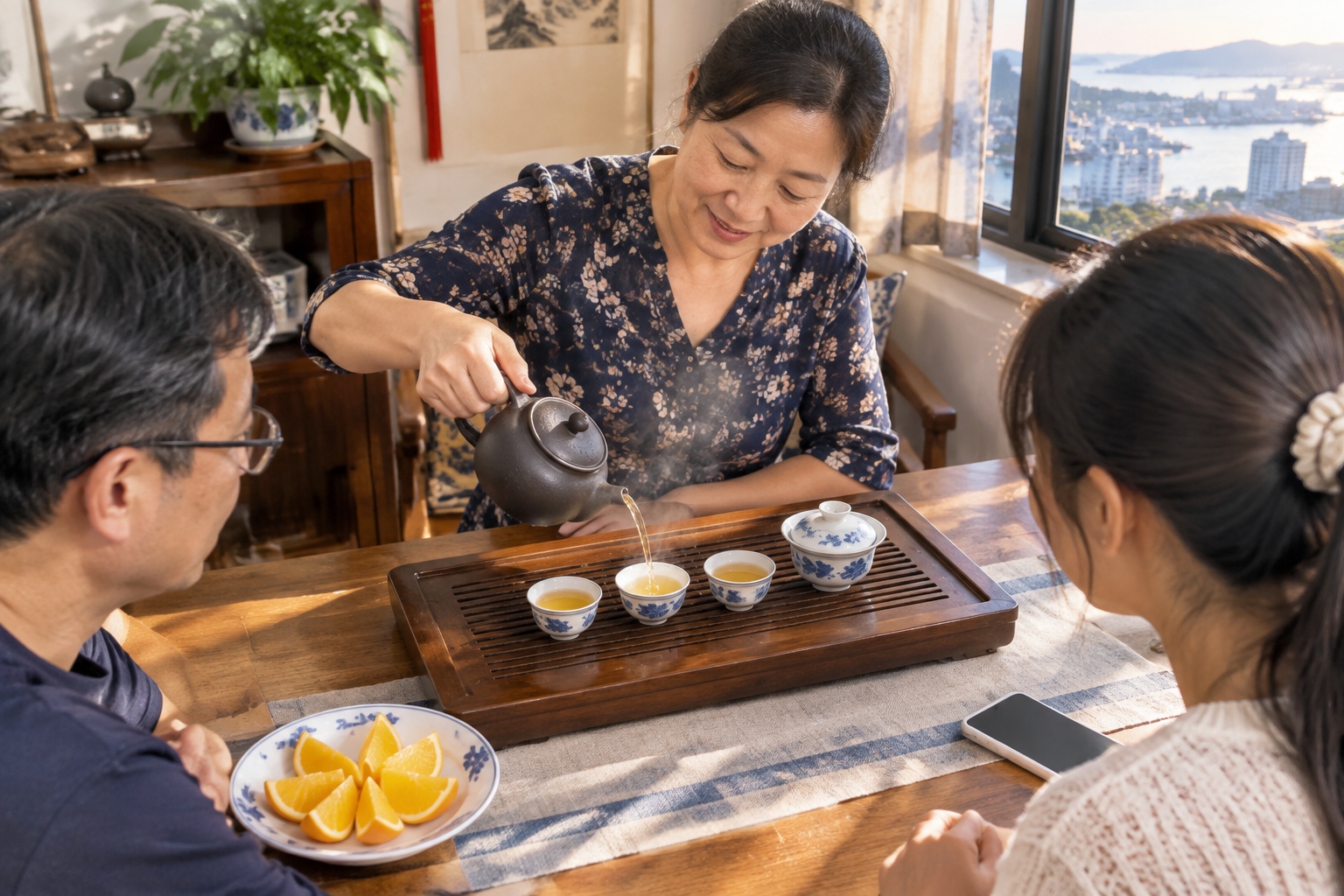 Chinese woman pouring oolong tea into small porcelain cups for guests at a home tea table