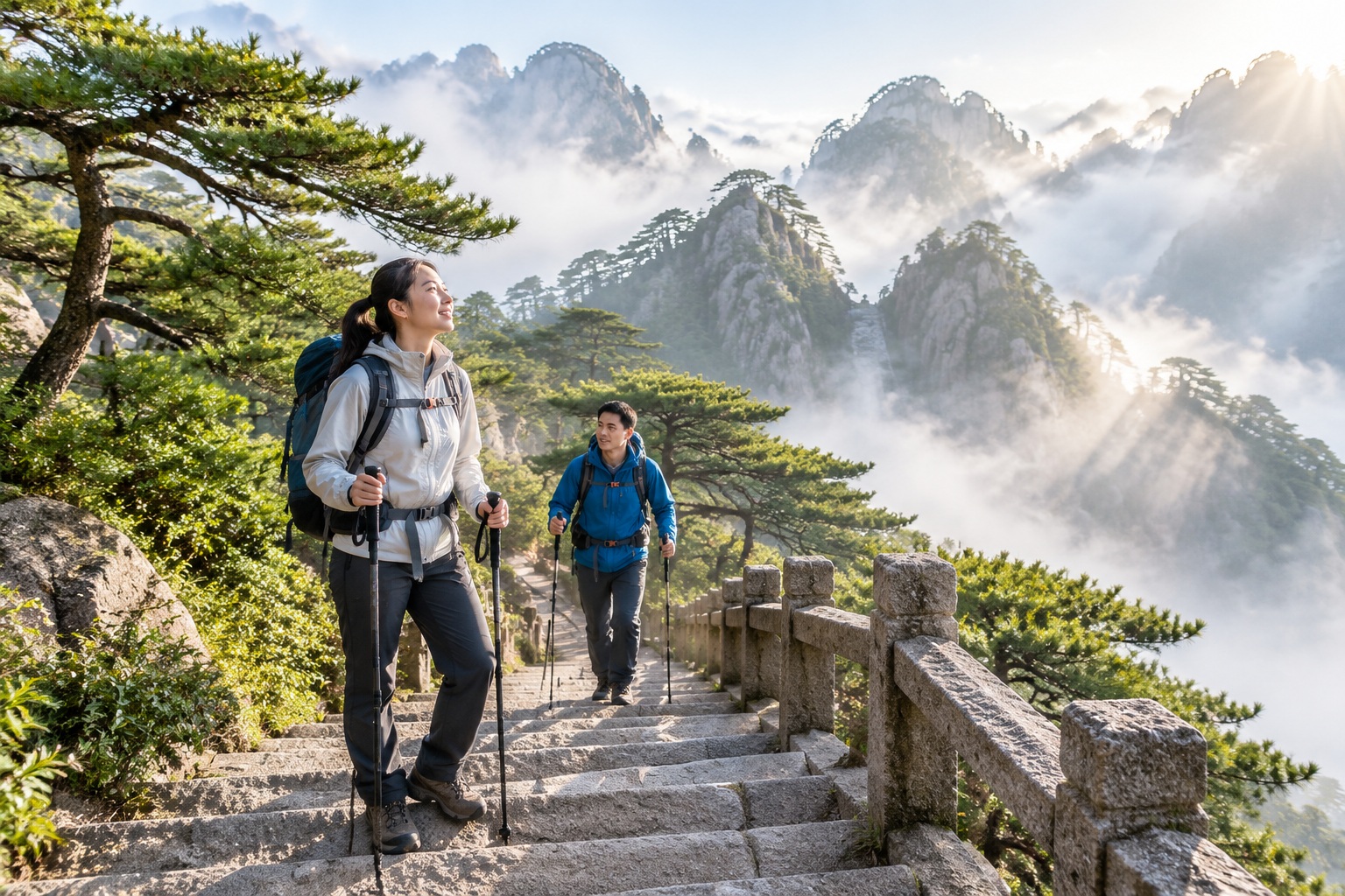 Hiker on Huangshan stone stairs breathing in clean mountain air during wellness hike in China