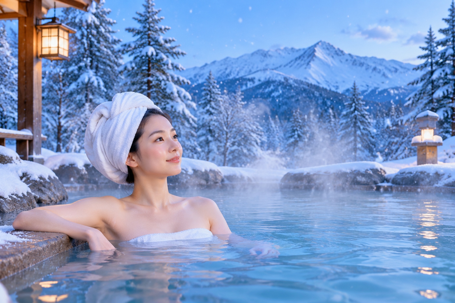 Hot spring soak in Changbai Mountain winter, snow and steam contrast for wellness travel in China