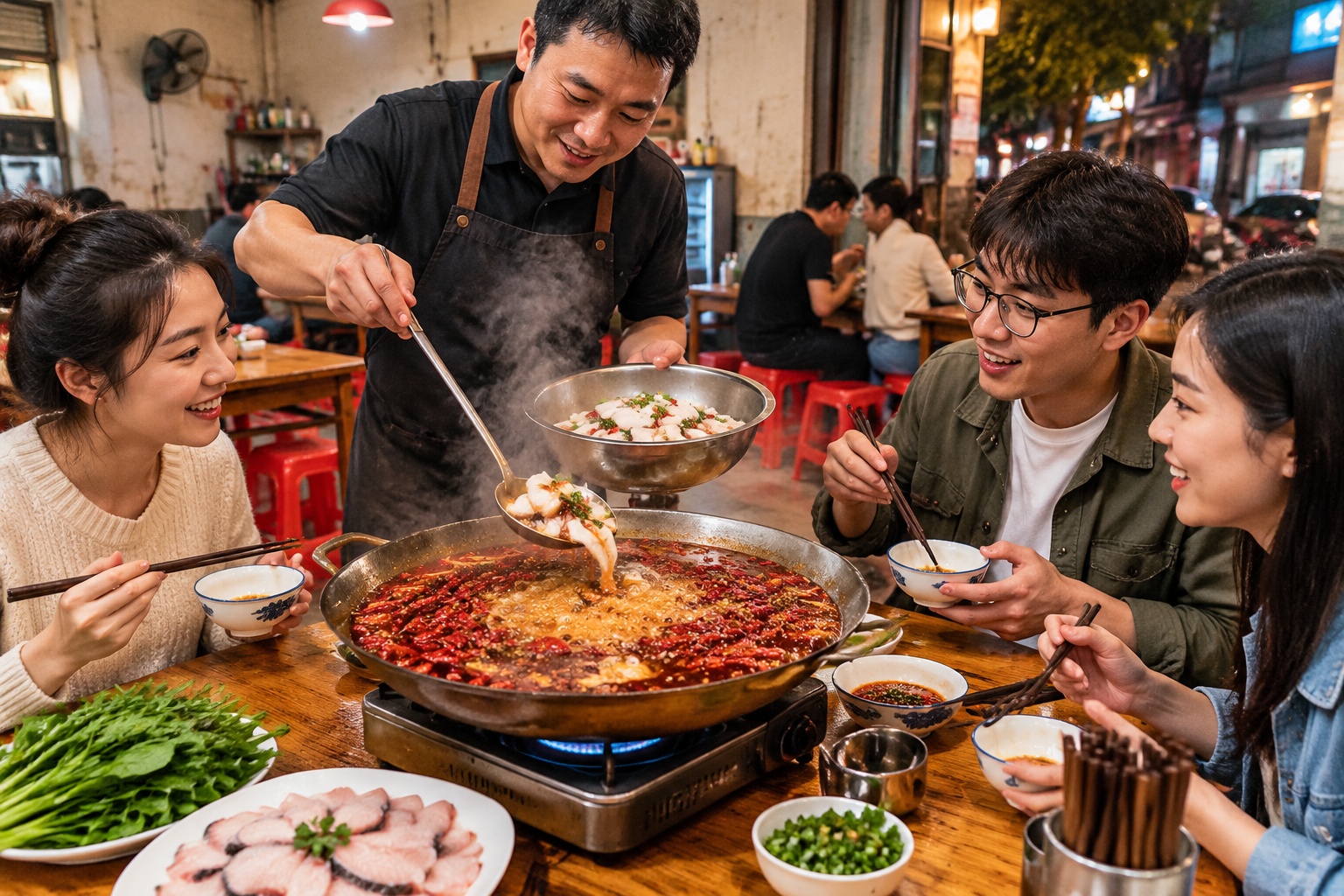 Bubbling Sichuan hotpot with dried chilies and Sichuan peppercorns at a no-frills restaurant in Chengdu.