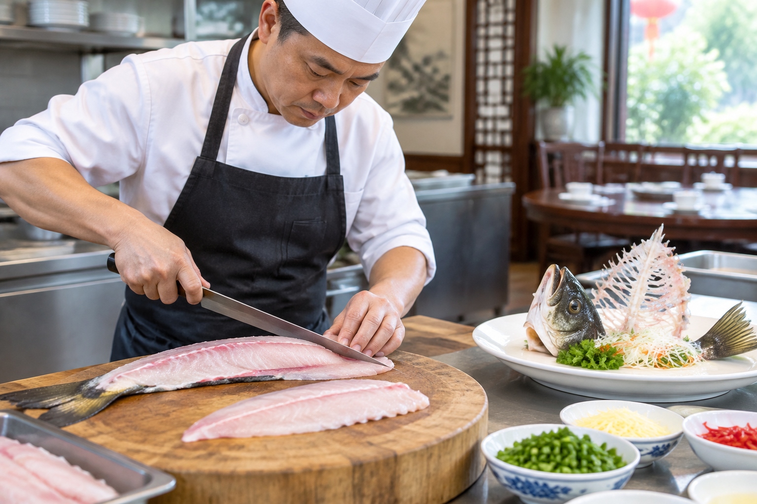 Shunde chef slicing a freshwater fish into paper-thin boneless fillets at a local restaurant.