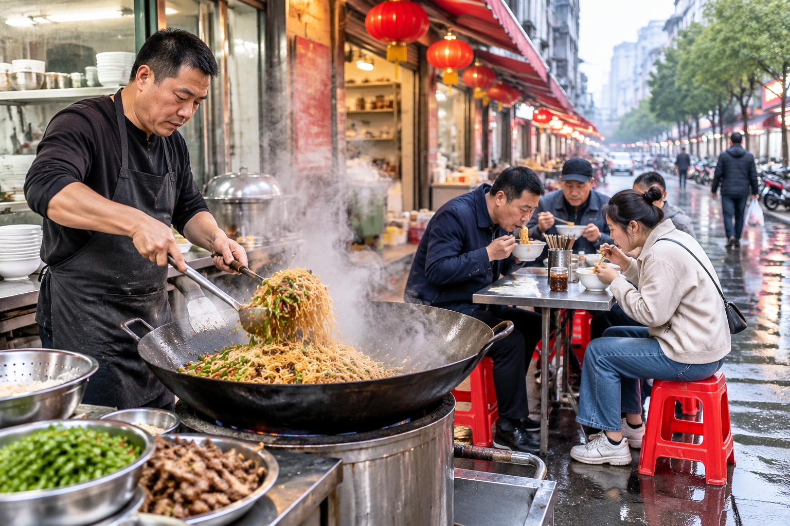 Street breakfast in Changsha serving rice noodles topped with stir-fried green chili and pork.
