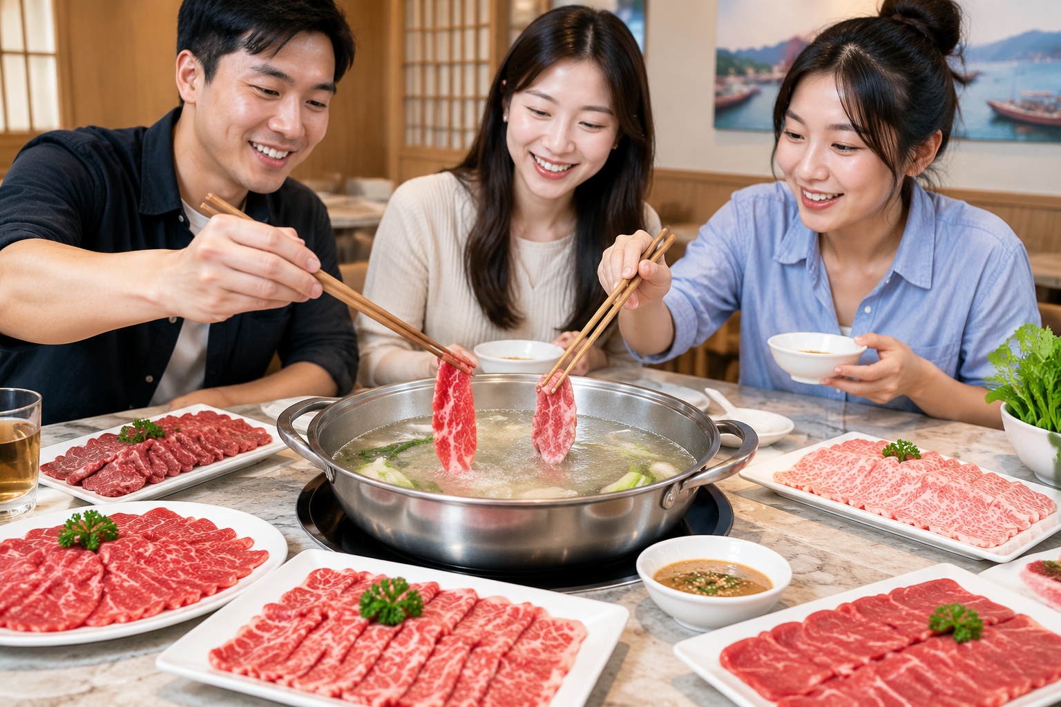 Chaoshan beef hotpot table with raw sliced beef and clear bubbling broth in eastern Guangdong.