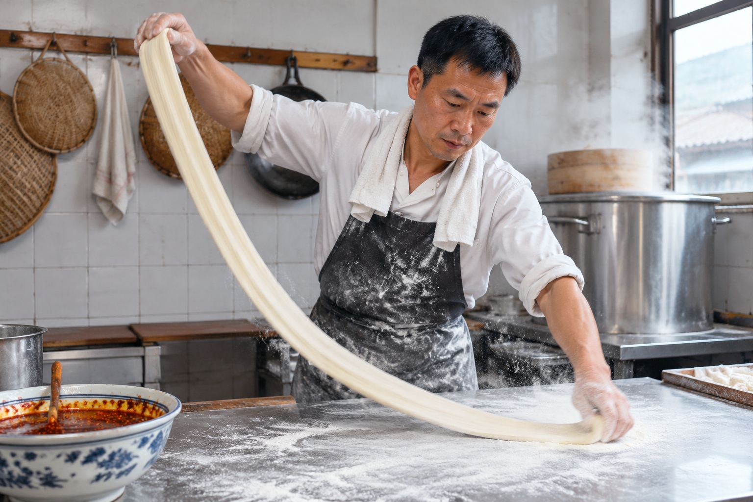 Noodle master in Xi'an slapping wide biangbiang noodles on a flour-covered counter.