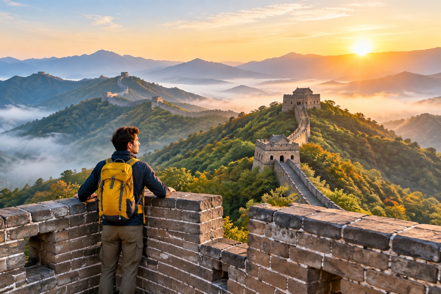 China's World Heritage Sites: A Curated Tour for Culture-Hungry Travelers 22 A lone traveler stands on a Mutianyu Great Wall watchtower as the morning sun breaks through mist over wooded ridges.
