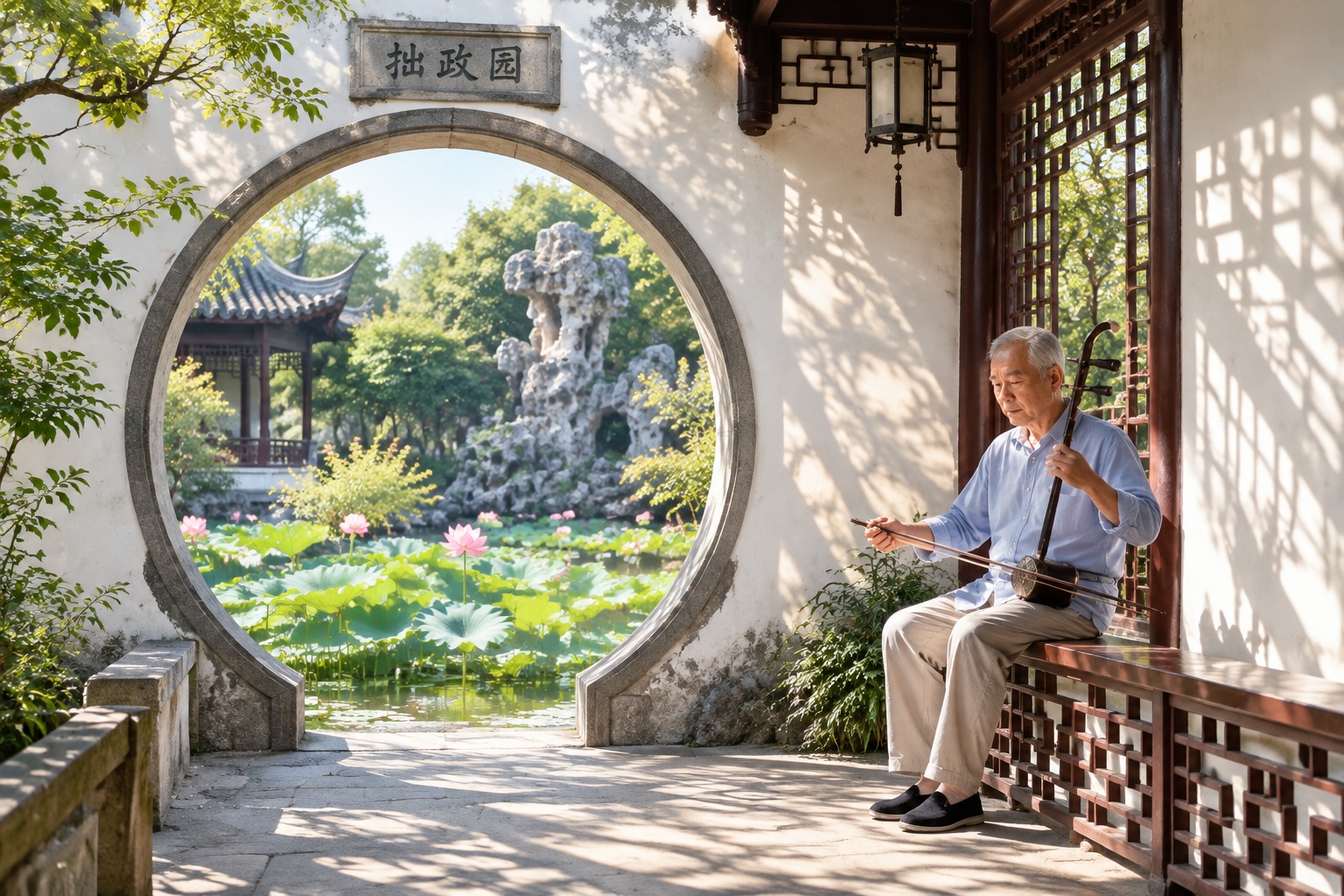 China's World Heritage Sites: A Curated Tour for Culture-Hungry Travelers 24 Through a moon gate in Suzhou's Humble Administrator's Garden, a retired man plays erhu on the shaded walkway beside a lotus pond.