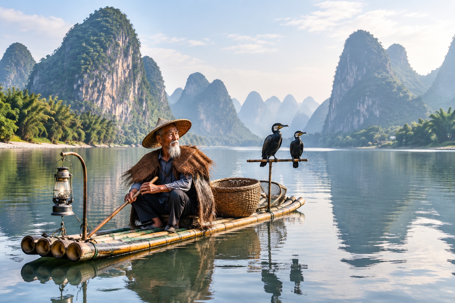 China's World Heritage Sites: A Curated Tour for Culture-Hungry Travelers 25 A Guilin cormorant fisherman in a reed cape sits on a bamboo raft as the Li River reflects tall karst peaks.