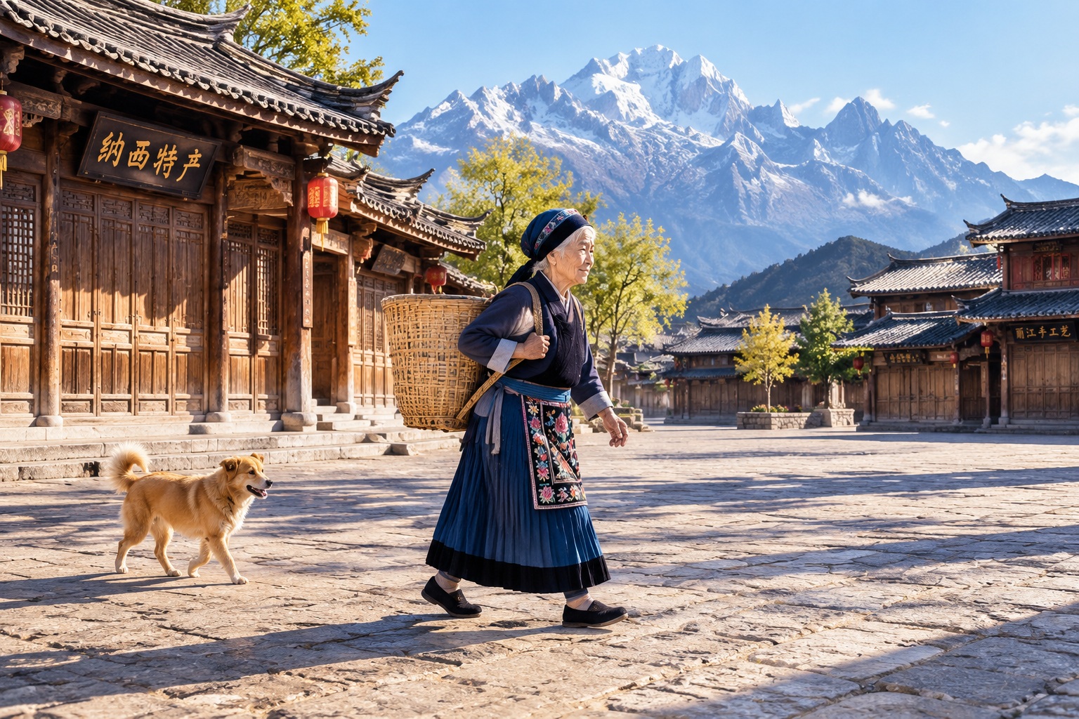 China's World Heritage Sites: A Curated Tour for Culture-Hungry Travelers 26 A Naxi grandmother in traditional pleated skirt walks through quiet Lijiang old town at dawn, Mount Jade Dragon glowing in the background.