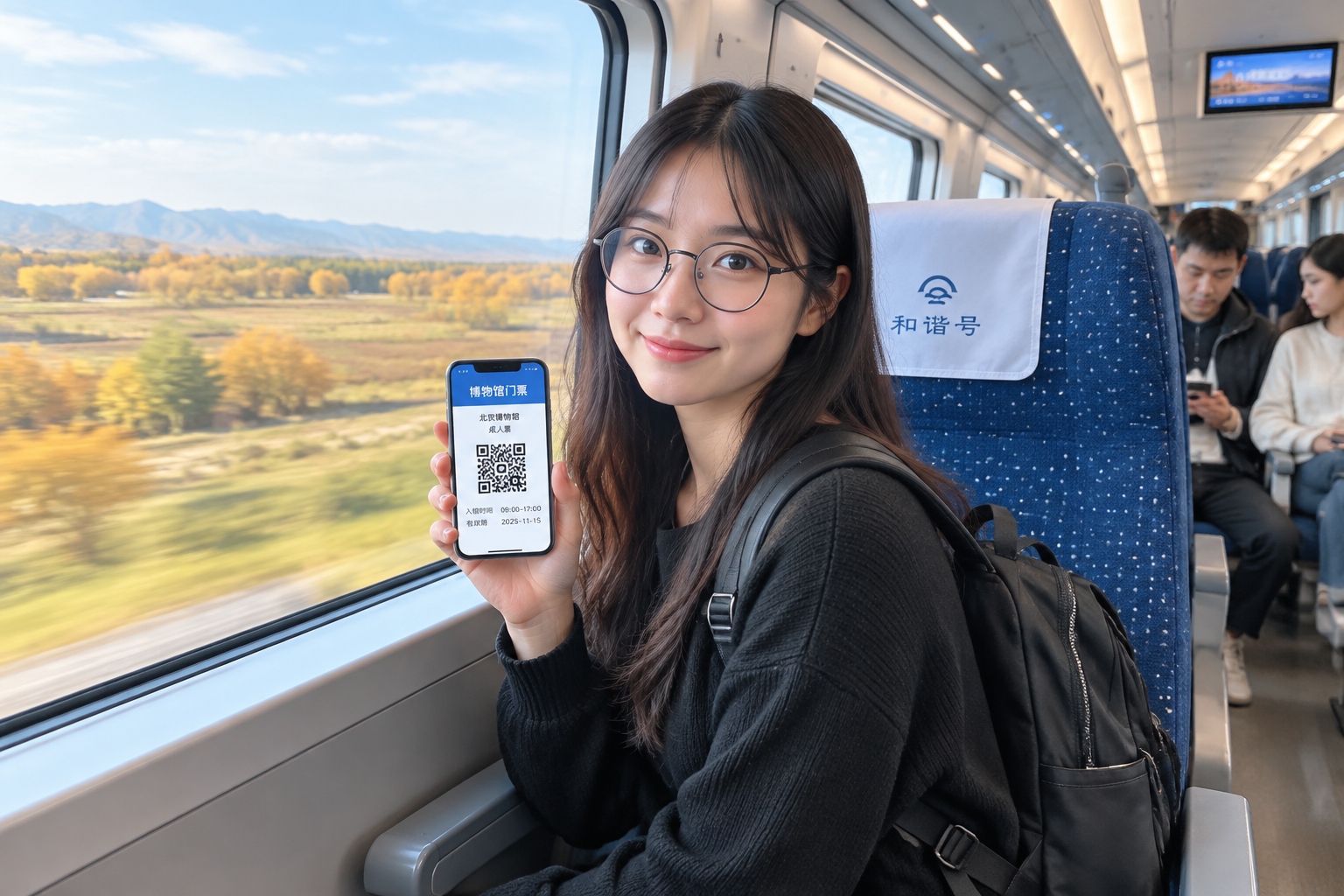 China's World Heritage Sites: A Curated Tour for Culture-Hungry Travelers 27 On a Chinese high-speed train, a traveler checks her mobile ticket while autumn landscape blurs through the window.