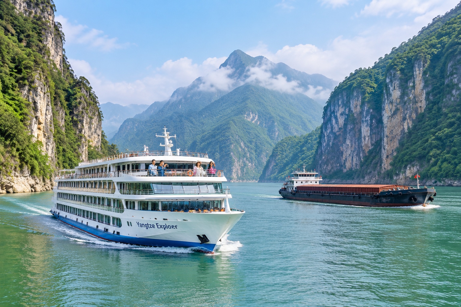 Cruise ship sailing through the Three Gorges with cargo ships on the Yangtze River