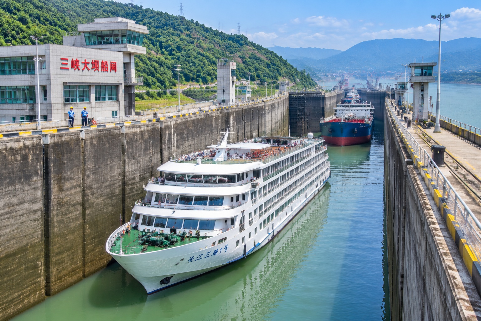 Three Gorges Dam ship lock from a Yangtze cruise ship with cargo vessels waiting