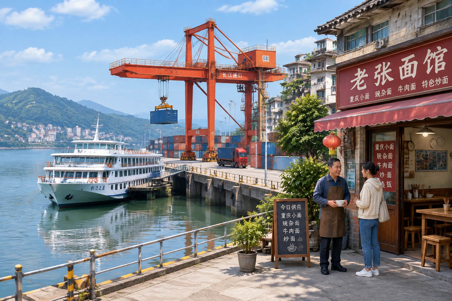 Small port on the Yangtze River with containers and a local riverside shop