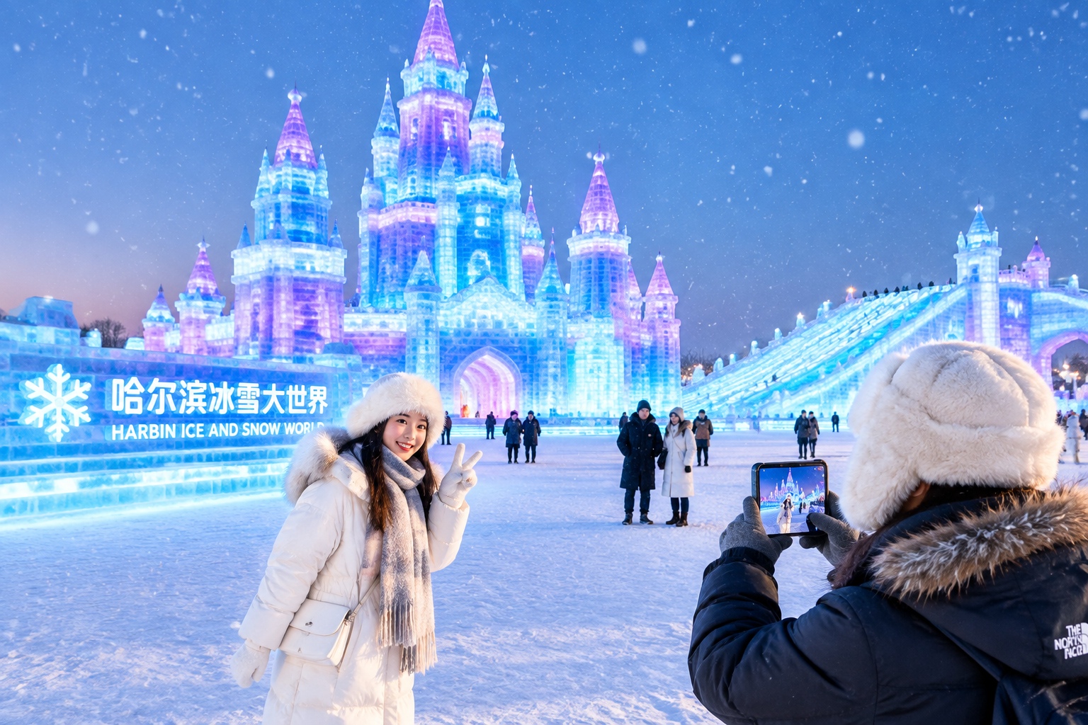 Winter in China: Ski Resorts, Ice Festivals, and Hot Springs 22 Visitors walk between illuminated ice palaces at Harbin Ice and Snow World in winter