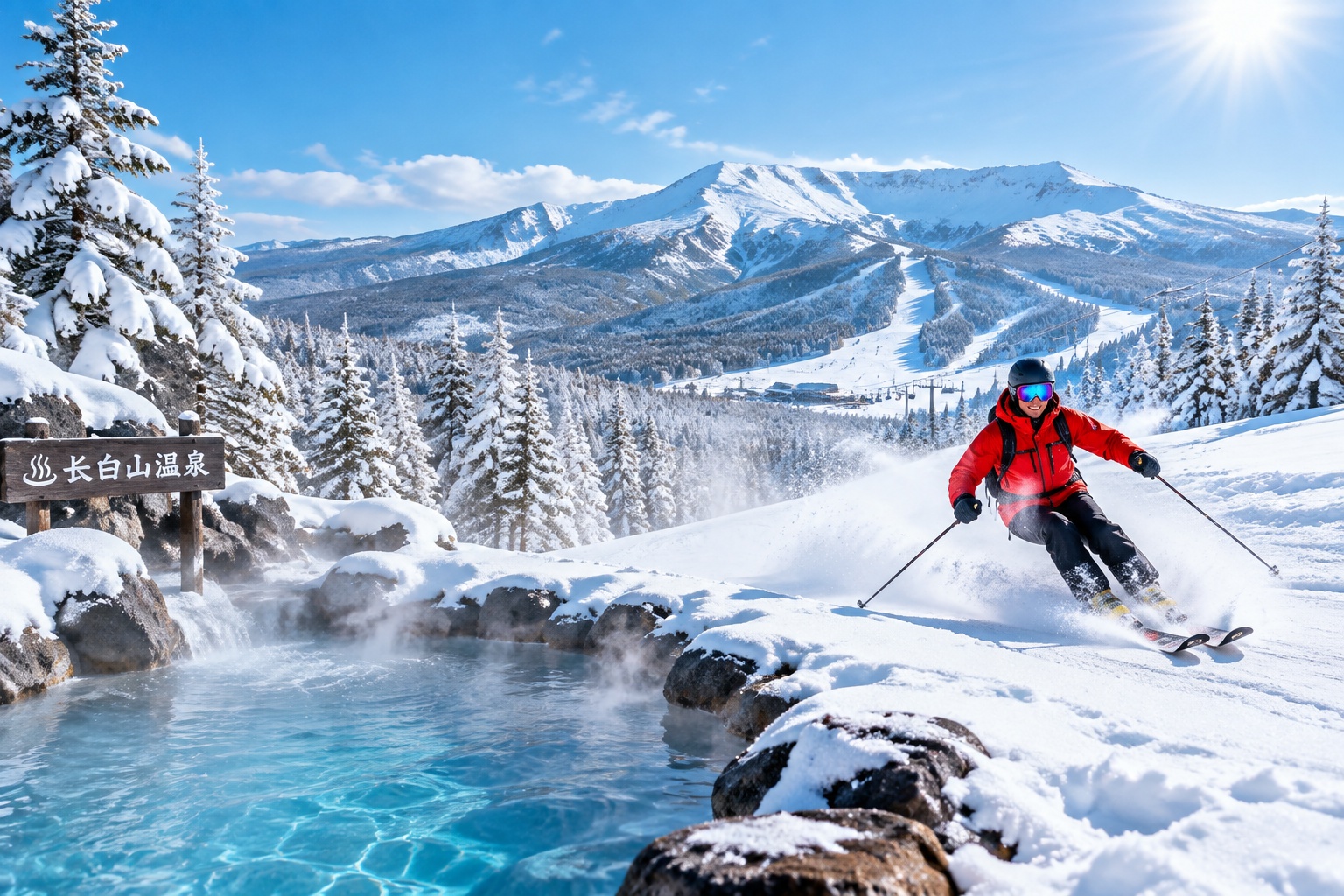 Winter in China: Ski Resorts, Ice Festivals, and Hot Springs 23 Skier at Changbai Mountain with steaming volcanic hot spring pool in the foreground