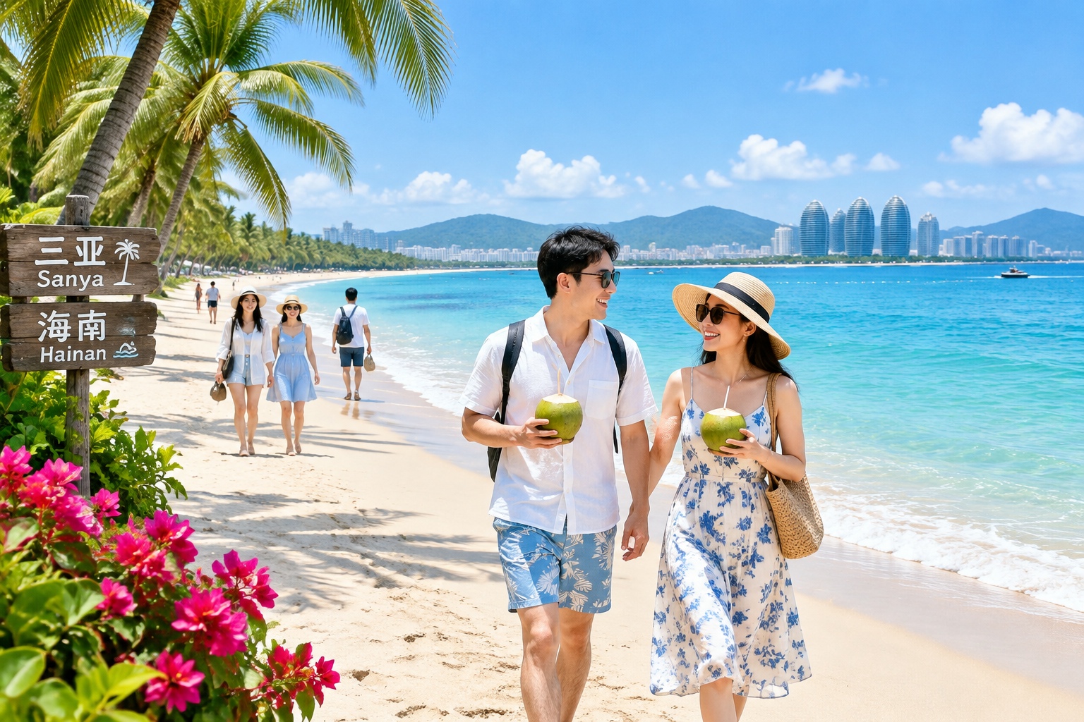 Winter in China: Ski Resorts, Ice Festivals, and Hot Springs 24 Sunbathers and coconut trees along a tropical beach in Sanya during January
