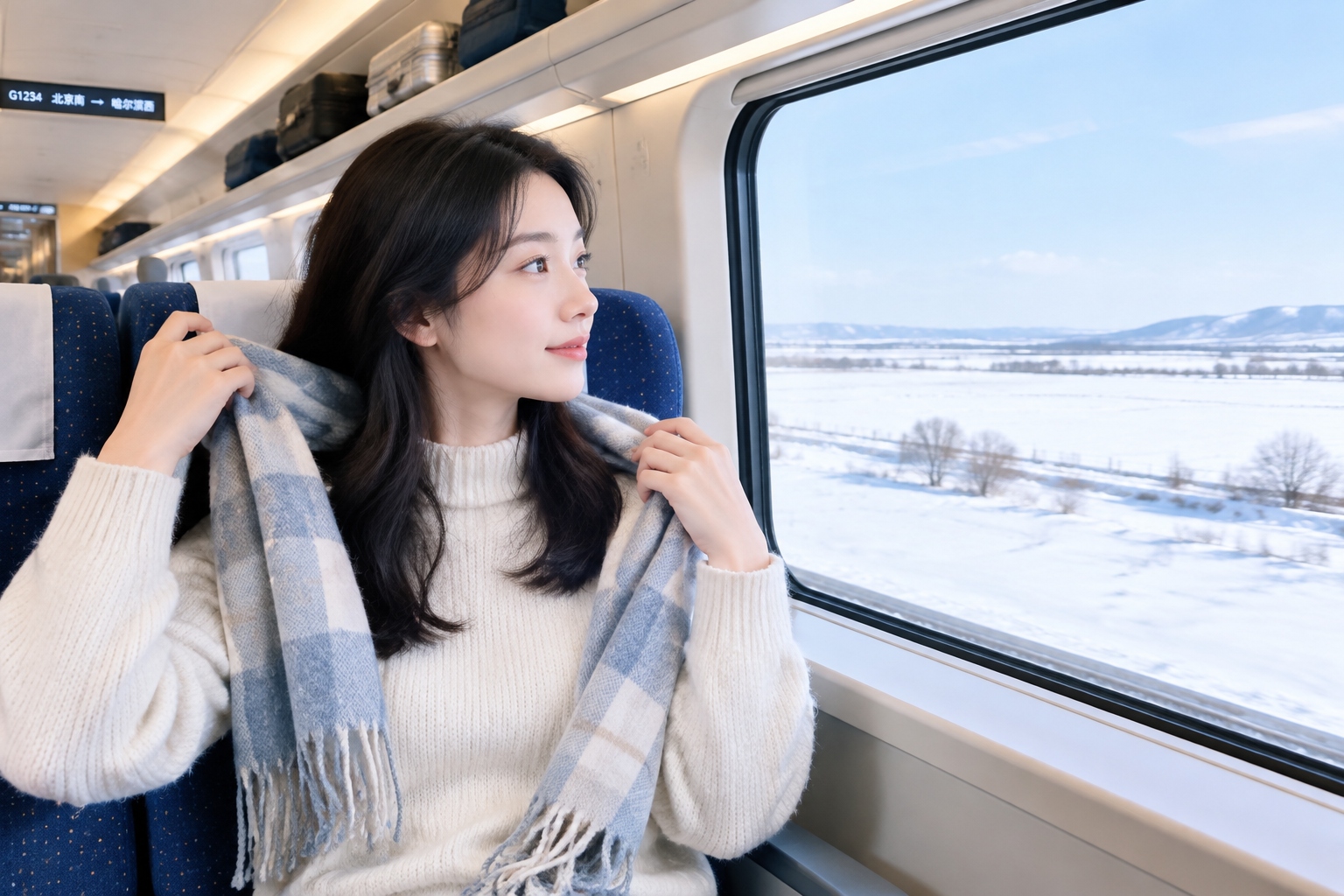 Winter in China: Ski Resorts, Ice Festivals, and Hot Springs 26 Passenger on a Chinese high-speed train watching snowy scenery through the window