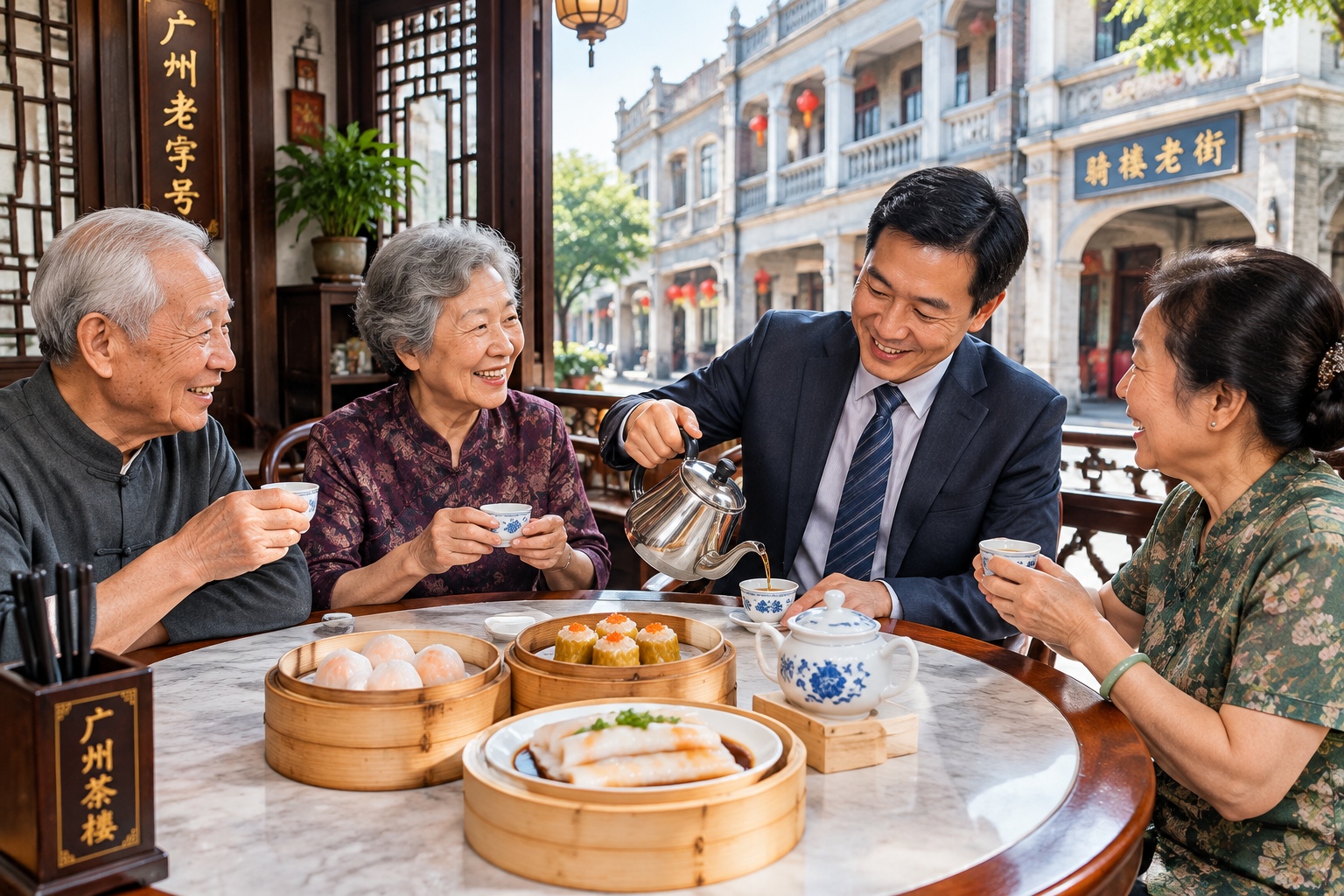 How to Combine Business and Pleasure in China: 5 Sample Itineraries for Busy Professionals 22 Guangzhou locals enjoy dim sum in a traditional tea house, with steamers and tea on the table.