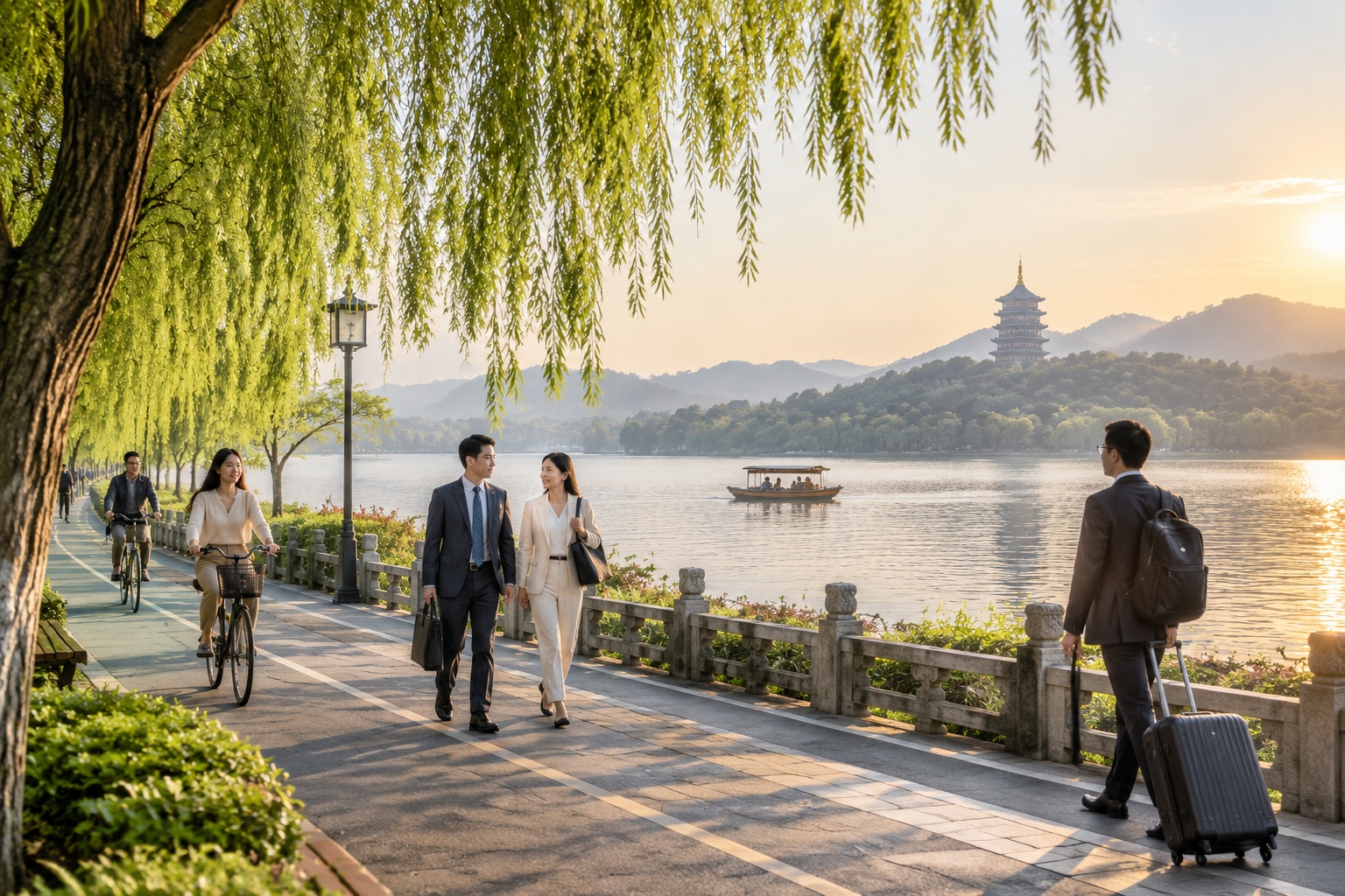 How to Combine Business and Pleasure in China: 5 Sample Itineraries for Busy Professionals 23 A business traveler walking along West Lake in Hangzhou during a break from meetings.