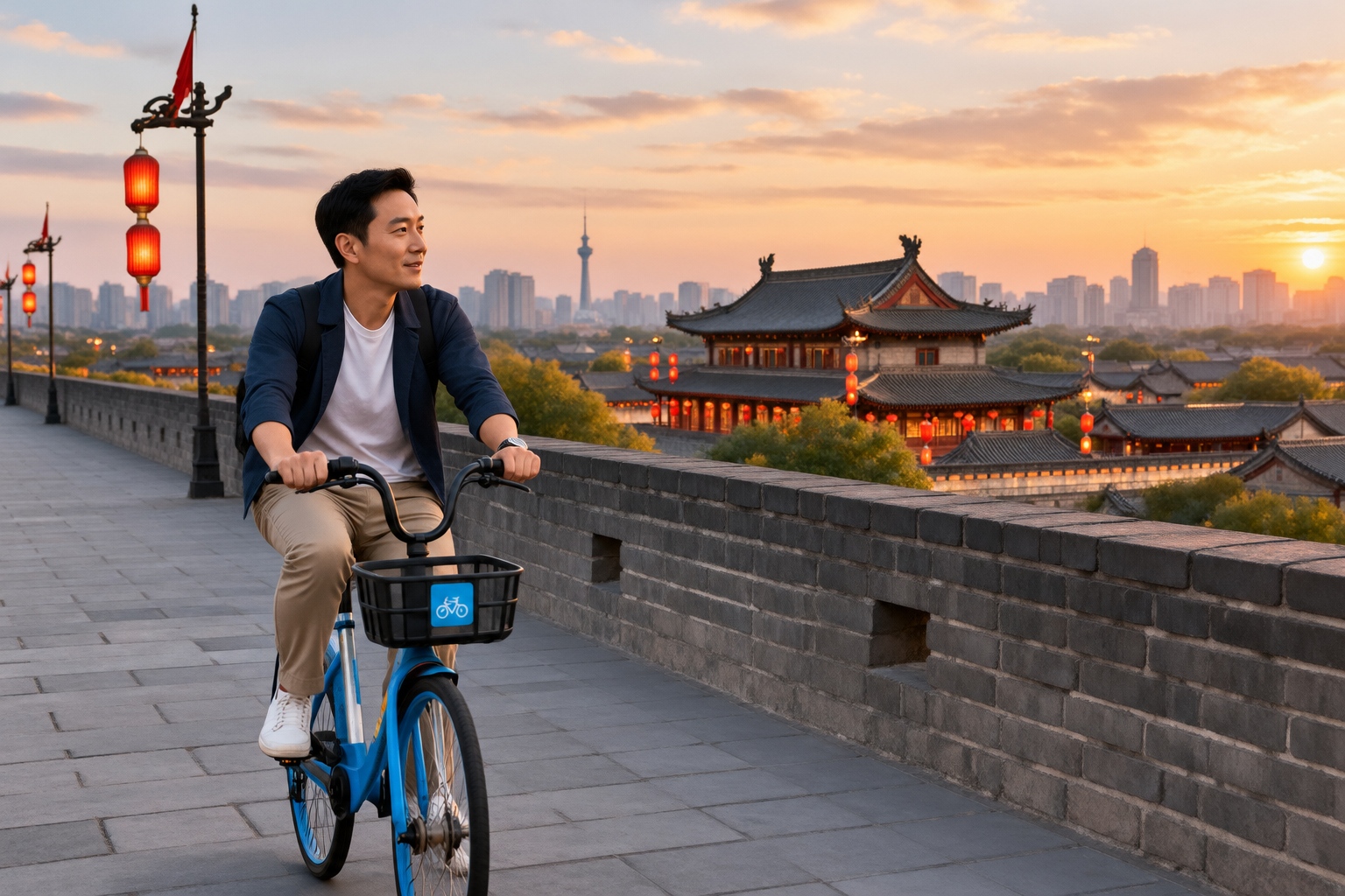 How to Combine Business and Pleasure in China: 5 Sample Itineraries for Busy Professionals 24 Leisure bicycle ride on the ancient city wall of Xi'an, overlooking the modern skyline.