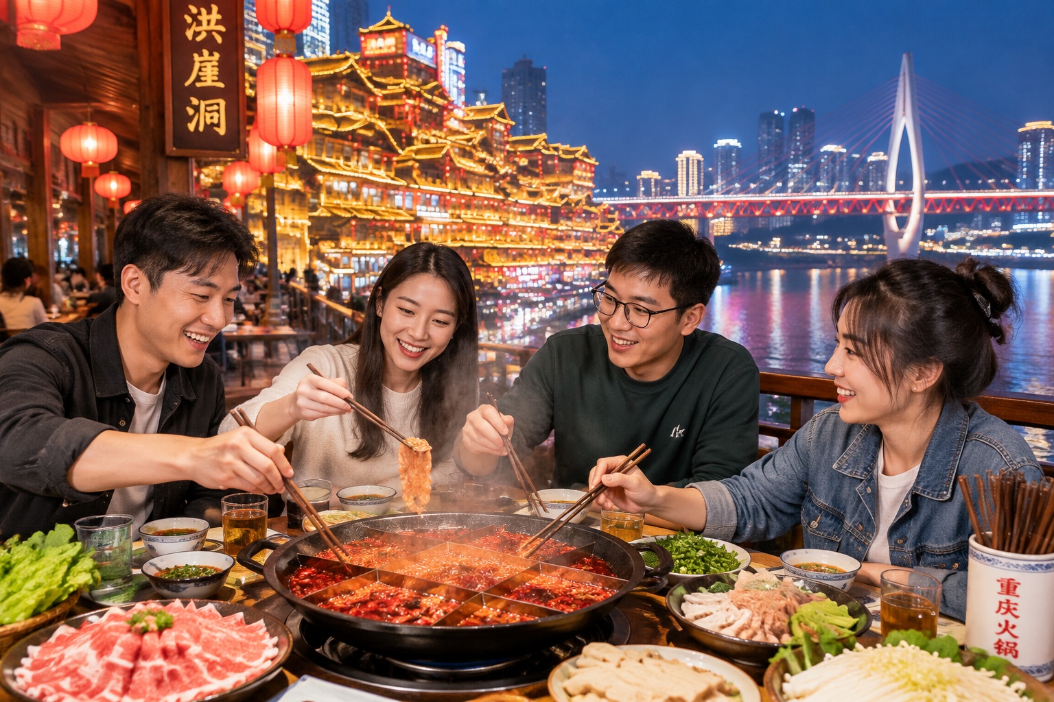 How to Combine Business and Pleasure in China: 5 Sample Itineraries for Busy Professionals 25 Chongqing hotpot dinner at night with Hongyadong and Jialing River views in the background.