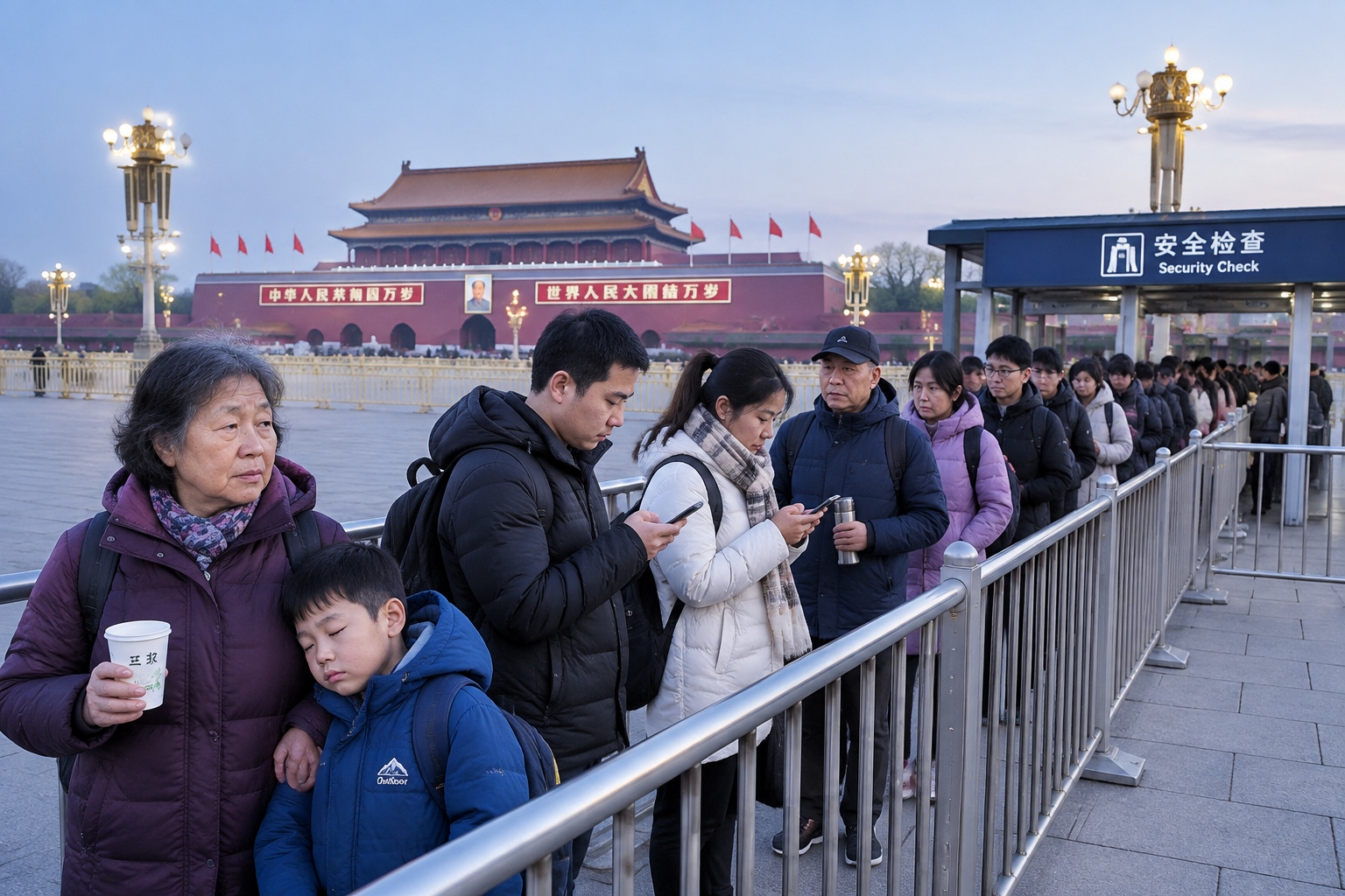 Visitors queuing before dawn at a security checkpoint near Tiananmen Square in Beijing, checking phones and holding cups of soy milk
