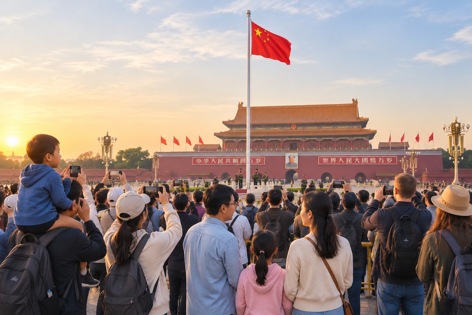 Crowd of visitors raising phones to film the national flag-raising ceremony in Tiananmen Square at sunrise in Beijing