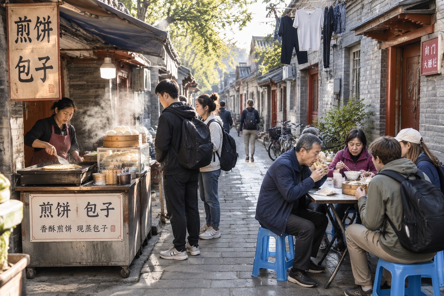 Morning breakfast stall in a hutong alley near Qianmen in Beijing, with locals and tourists eating steamed buns at plastic stools
