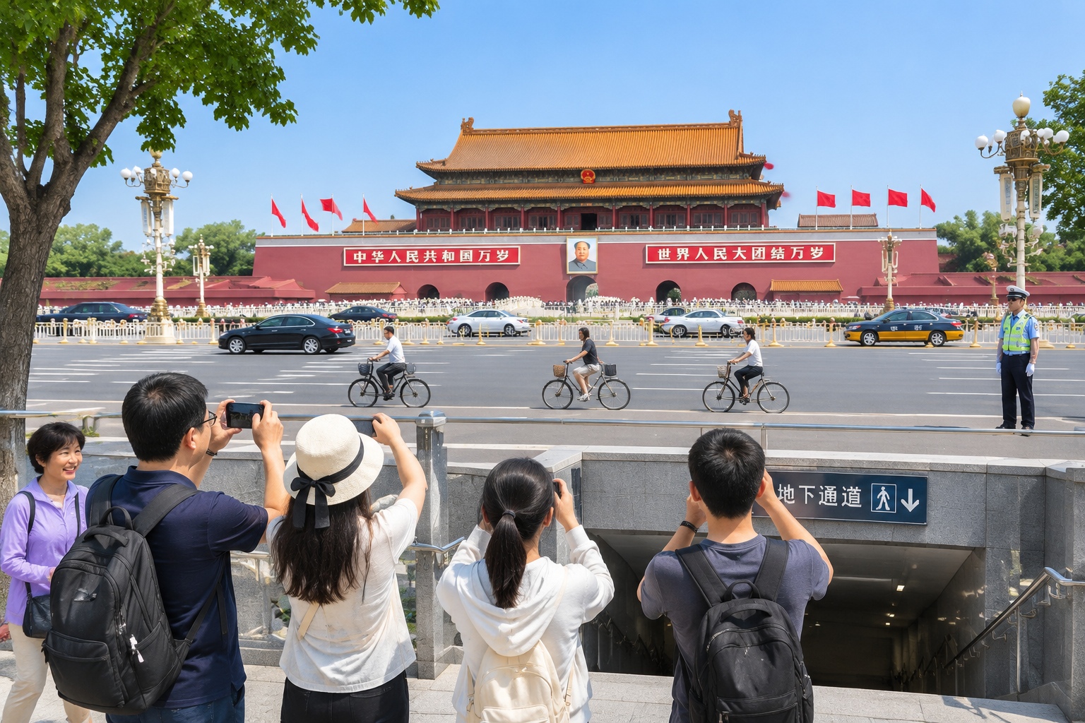 Visitors photographing the red wall of Tiananmen gate from the steps of the pedestrian underpass across Chang'an Avenue in Beijing