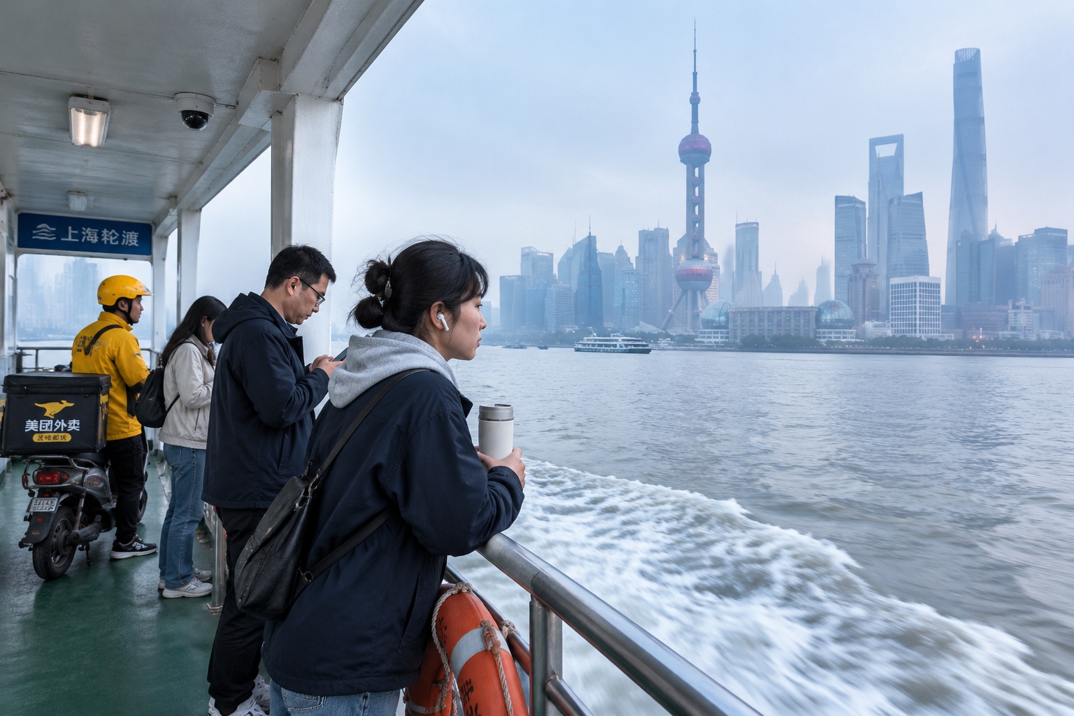 Morning commuters on the deck of the Jinling Road ferry on the Huangpu River, with the Oriental Pearl Tower visible in the misty Pudong skyline ahead