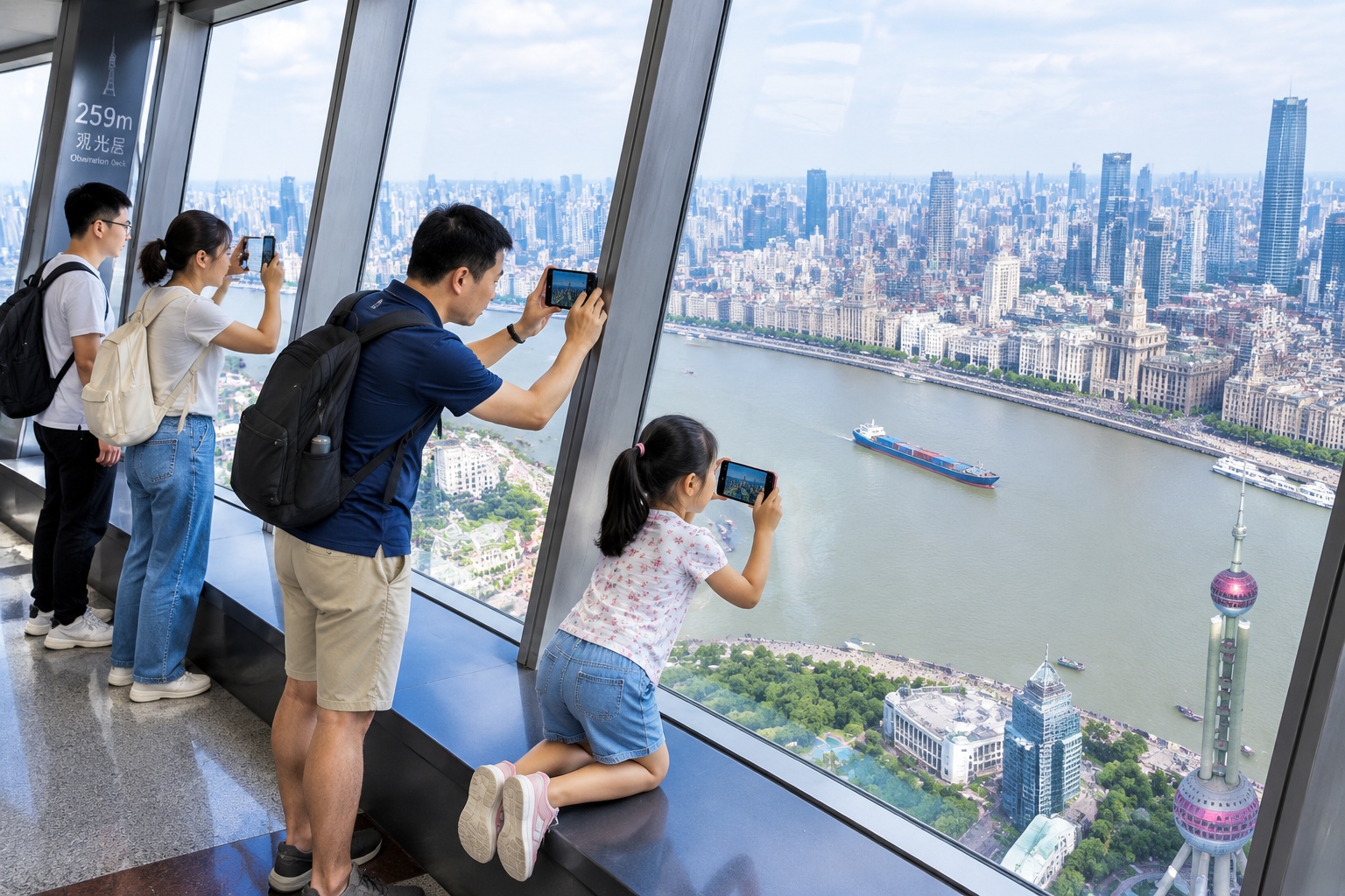 Visitors photographing the view through the windows of the Oriental Pearl Tower observation deck, with the Huangpu River and the Bund visible below
