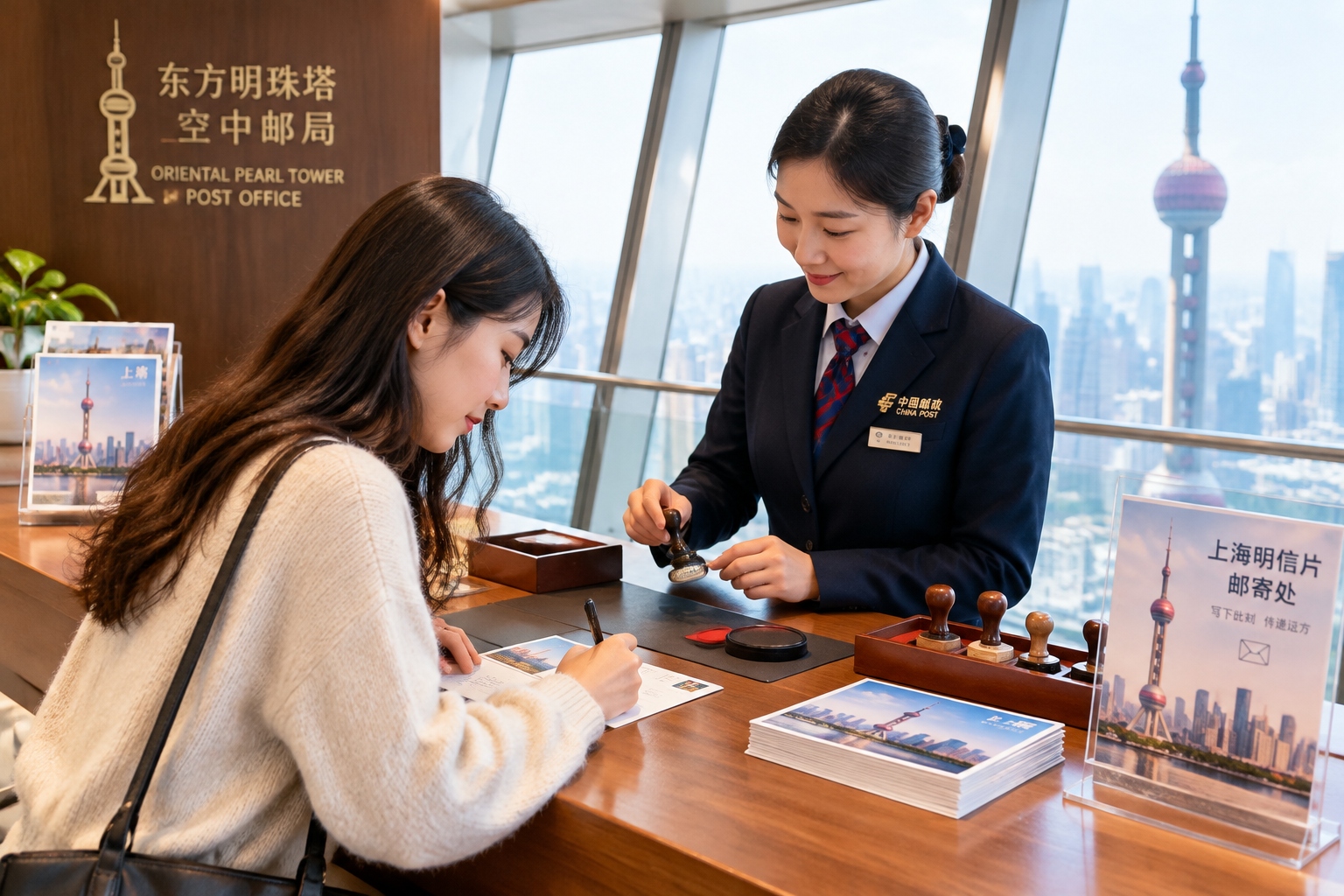 A visitor writing a postcard at the small post office counter inside the Oriental Pearl Tower in Shanghai while staff prepare the tower's special postmark