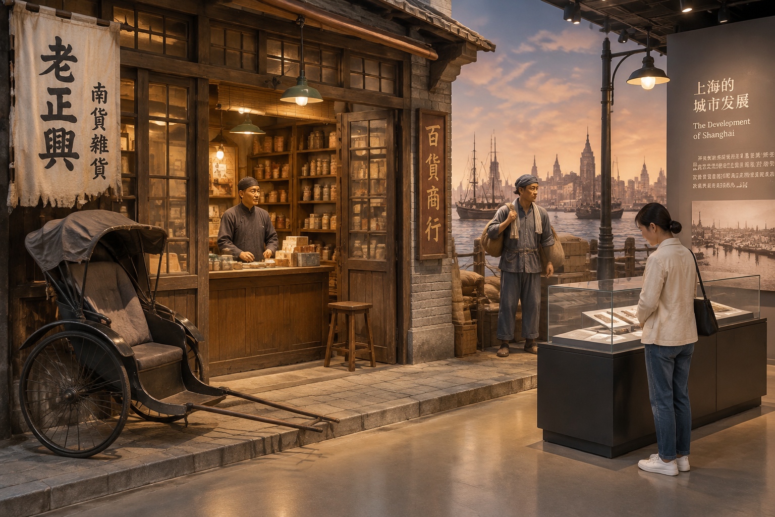 A dimly lit reconstructed 1930s Shanghai street with wax figures and a rickshaw inside the Shanghai City History Development Exhibition Hall beneath the Oriental Pearl Tower