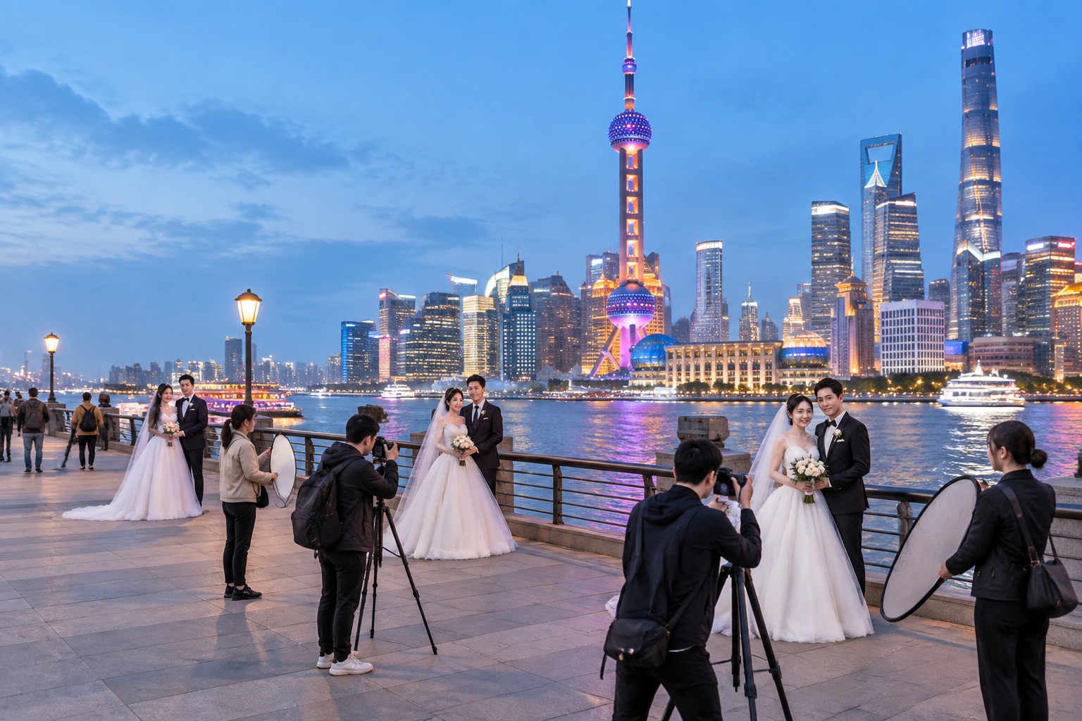 Wedding photographers directing couples in white gowns on the Lujiazui promenade at dusk, with the illuminated Oriental Pearl Tower rising behind them