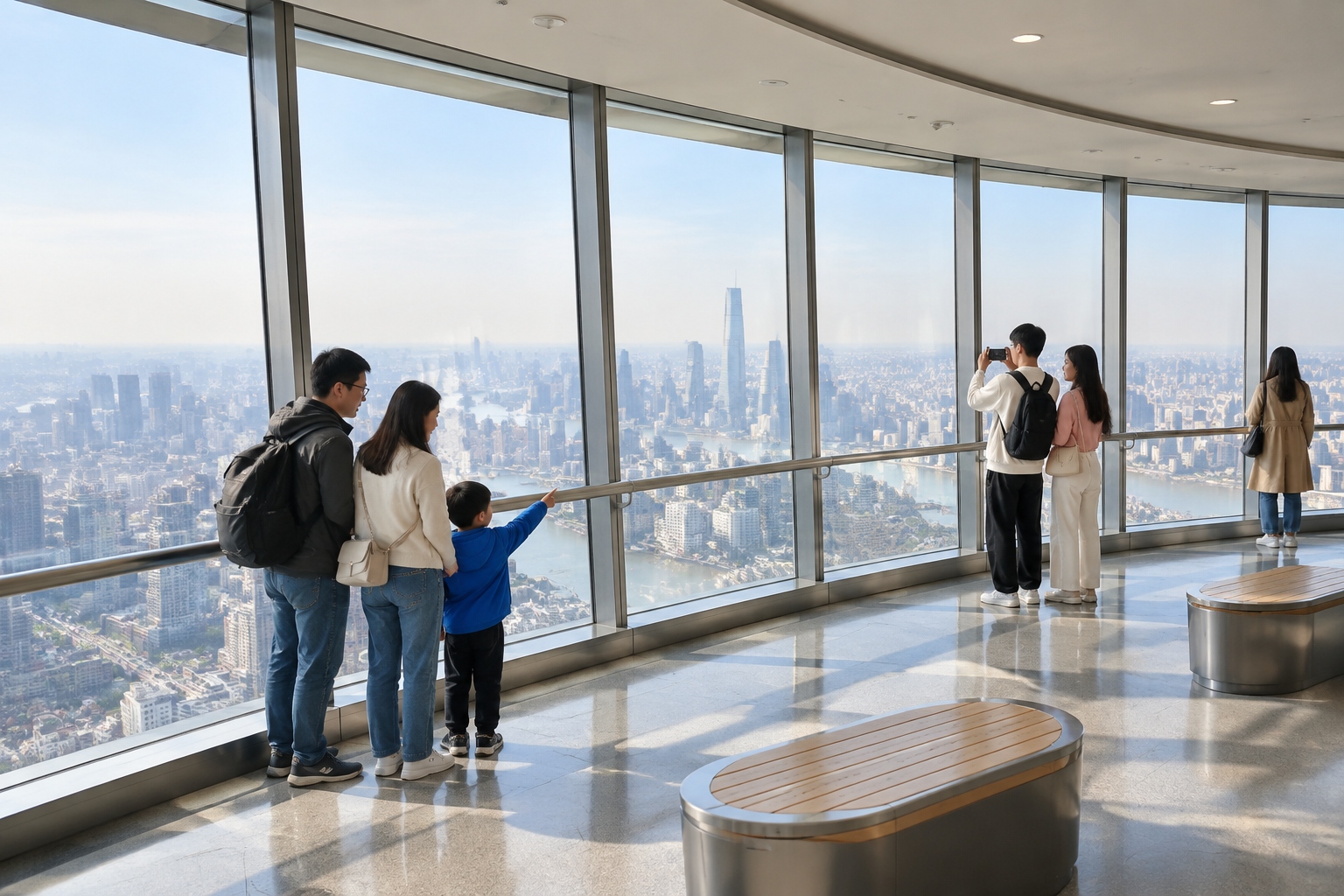 Tianjin: The Tianjin Tower – Everyday Views from a 415-Metre Landmark 22 Visitors looking out through the tall curved windows of Tianjin Tower's observation hall at the vast city far below