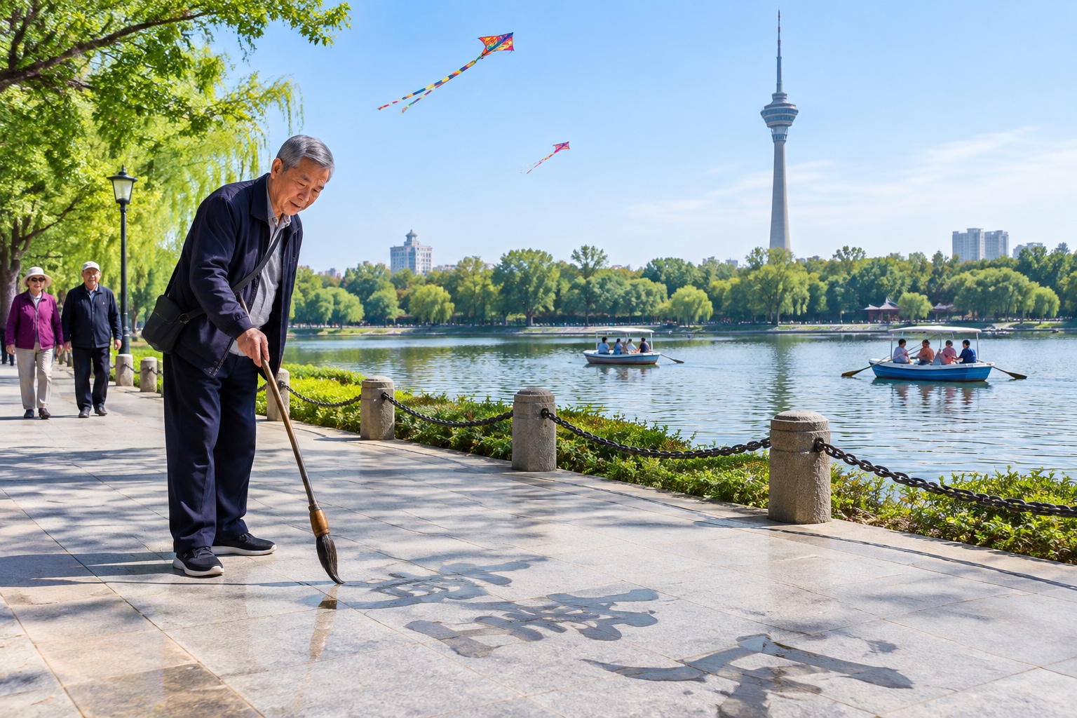 Tianjin: The Tianjin Tower – Everyday Views from a 415-Metre Landmark 23 An older man writing Chinese characters with a long water brush on the paving stones of Tianjin Water Park, with kites, a lake and the tower behind him