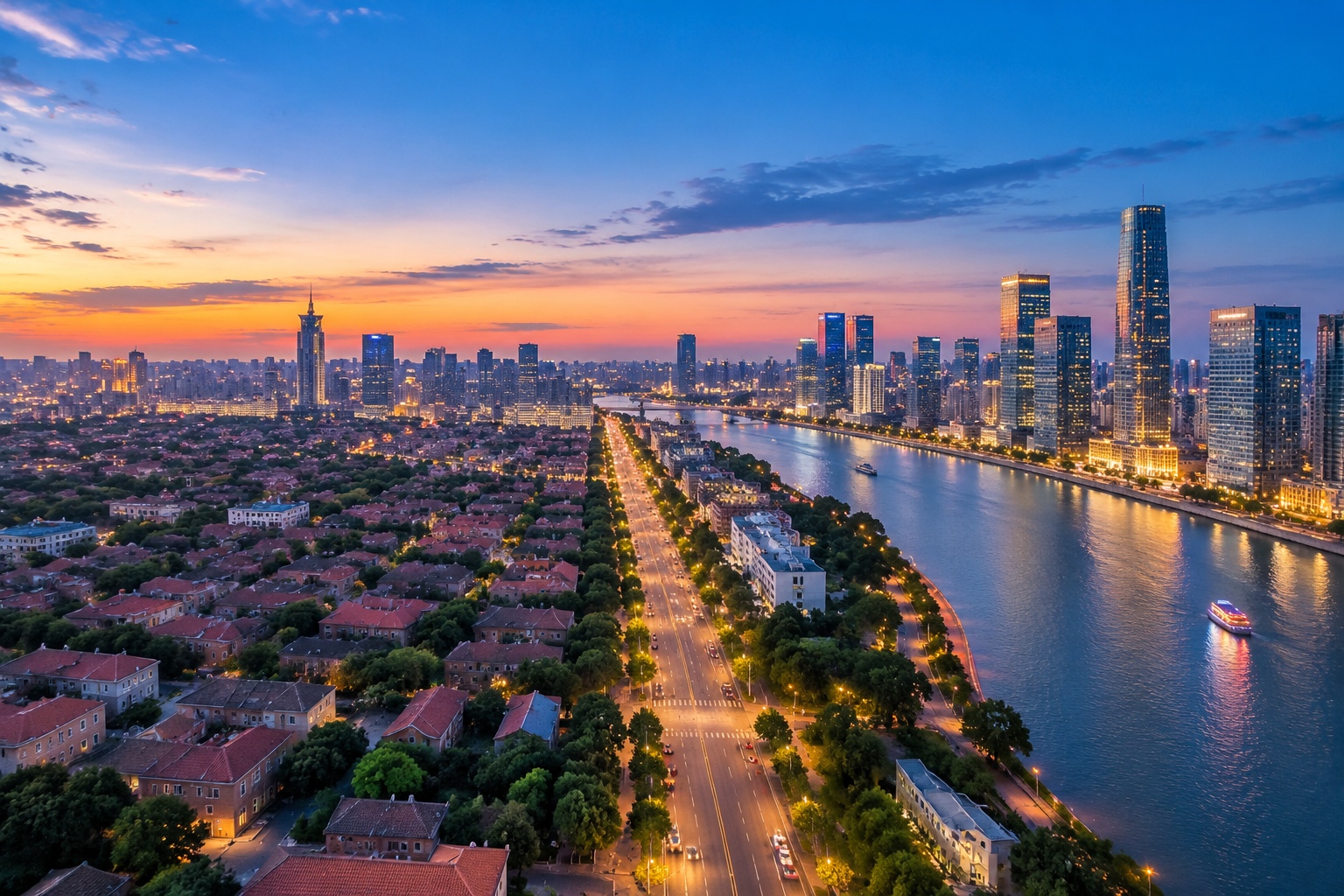 Tianjin: The Tianjin Tower – Everyday Views from a 415-Metre Landmark 24 View from Tianjin Tower at dusk showing low-rise red-roofed neighbourhoods meeting a cluster of lit glass towers along a curving river