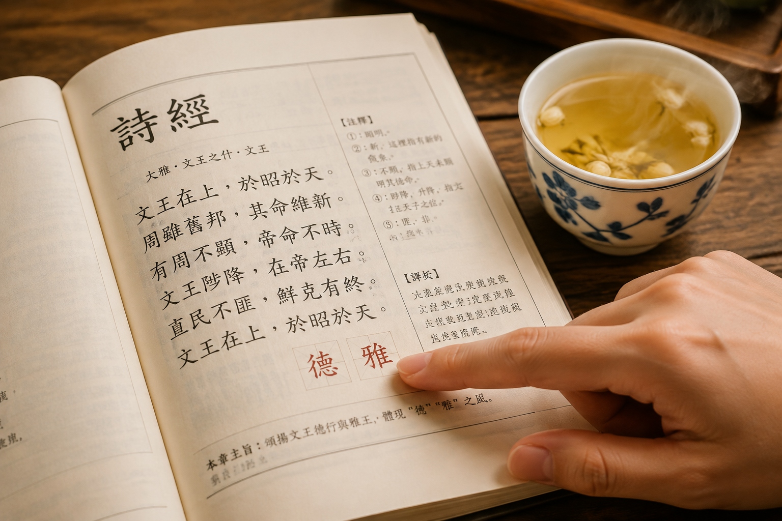 A person's finger pointing at the Chinese characters for virtue and elegance in an old copy of the Book of Songs, with a cup of jasmine tea nearby
