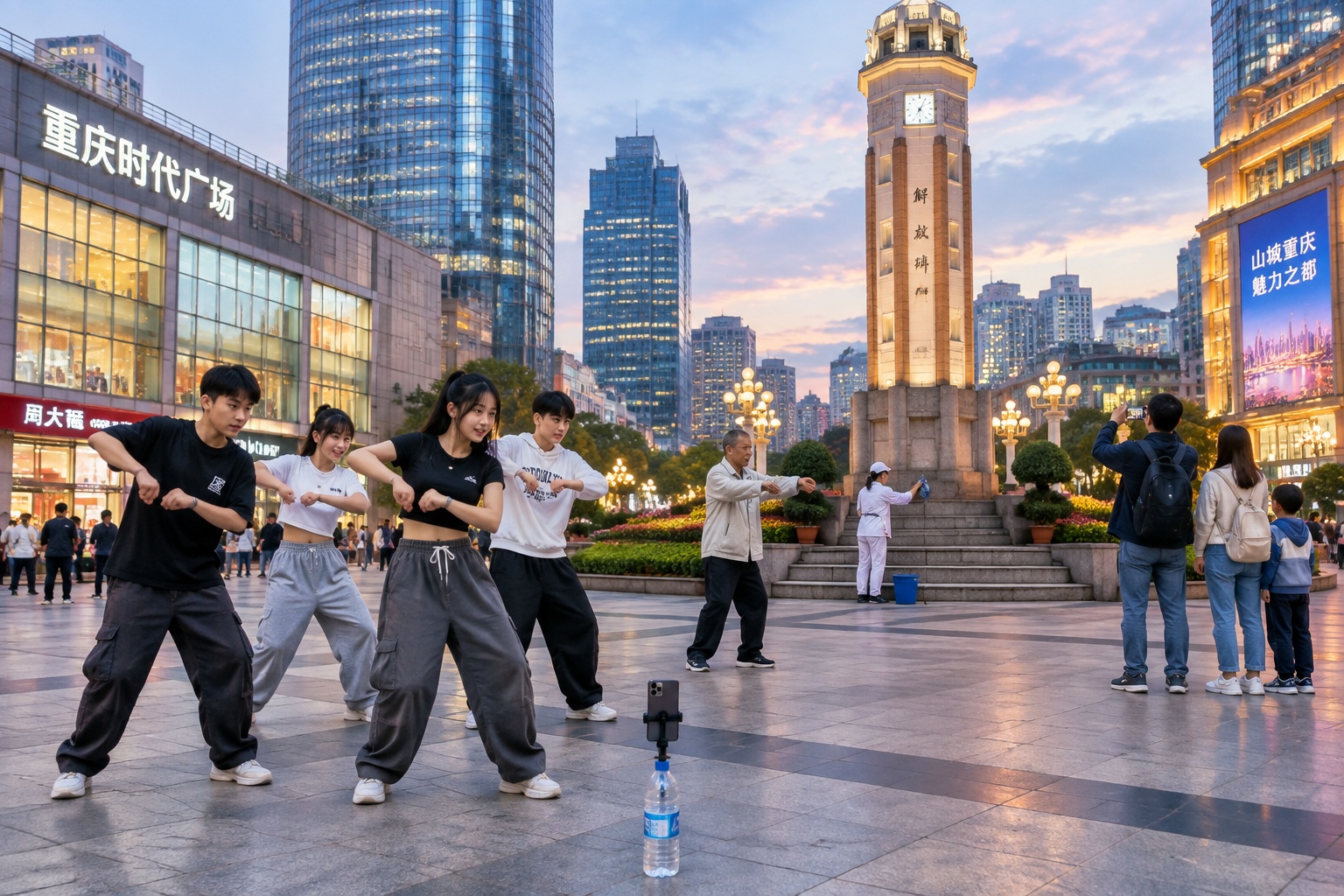 Teenagers filming a dance video and an older man exercising on the plaza in front of Chongqing's Liberation Monument at dusk