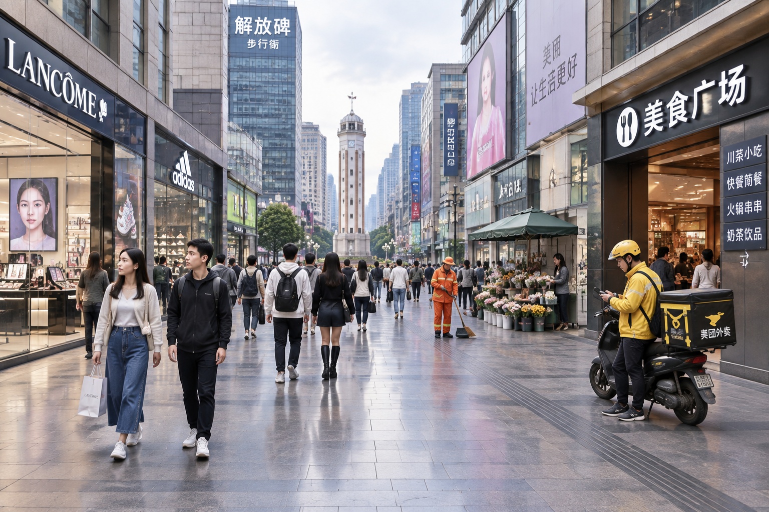 Shoppers and a delivery rider on the Jiefangbei pedestrian shopping street in Chongqing, with the Liberation Monument in the distance