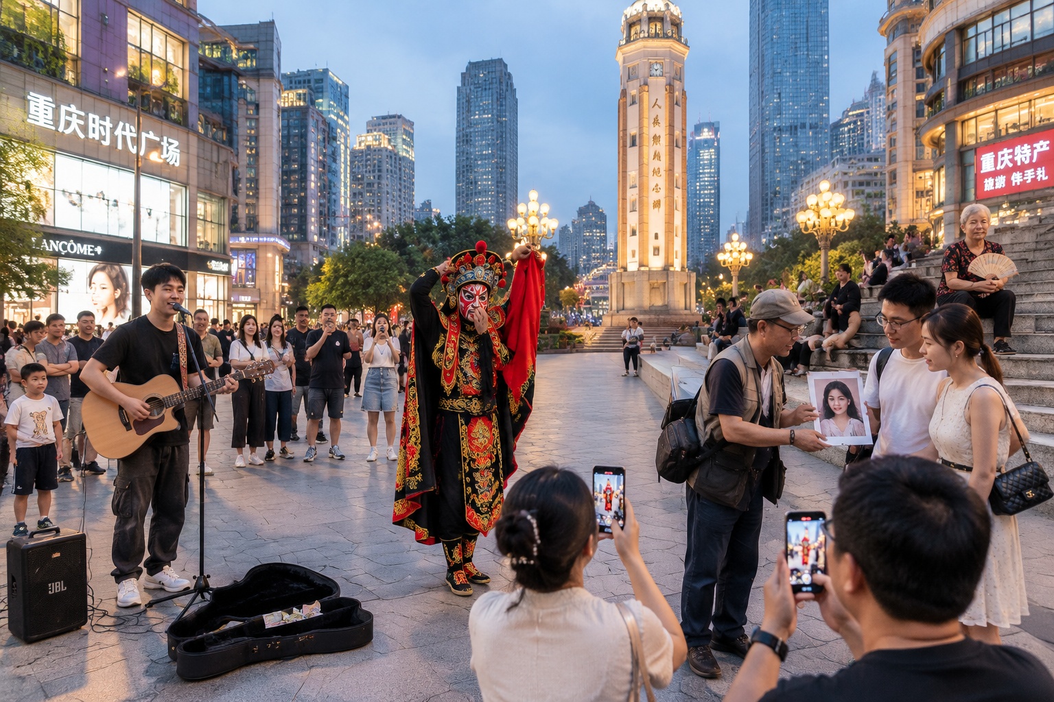 Street musician, Sichuan opera face-changing performer and photographers surrounded by a mixed-age crowd at Chongqing's Liberation Monument