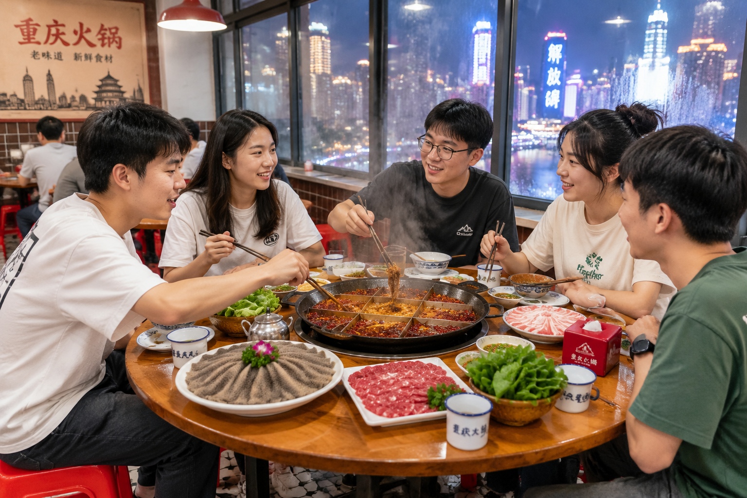 Young diners eating around a bubbling nine-grid hotpot in a Chongqing restaurant near Jiefangbei at night